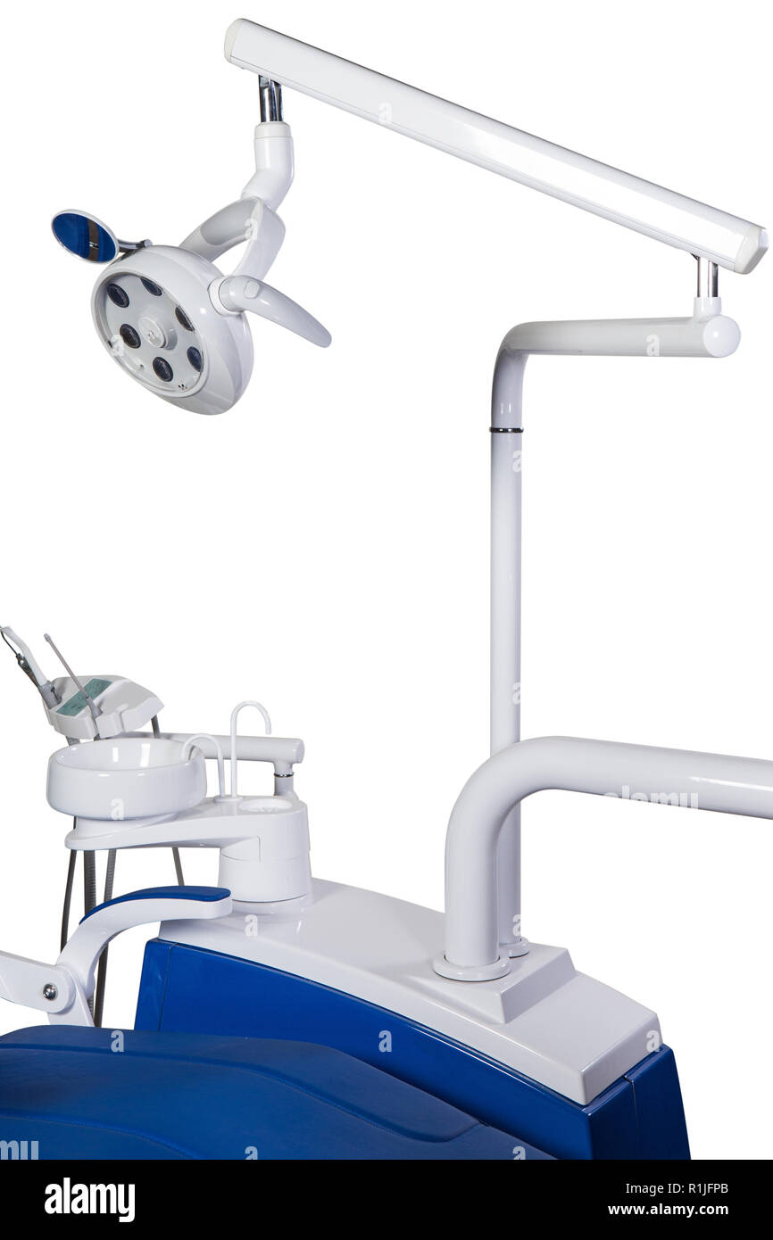 Modern medical special equipment blue dentist chair isolated on white
