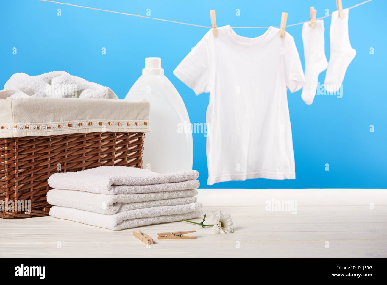 Fresh Clean White Towels Drying On Washing Line In Outdoor Stock Photo,  Picture and Royalty Free Image. Image 47888537.