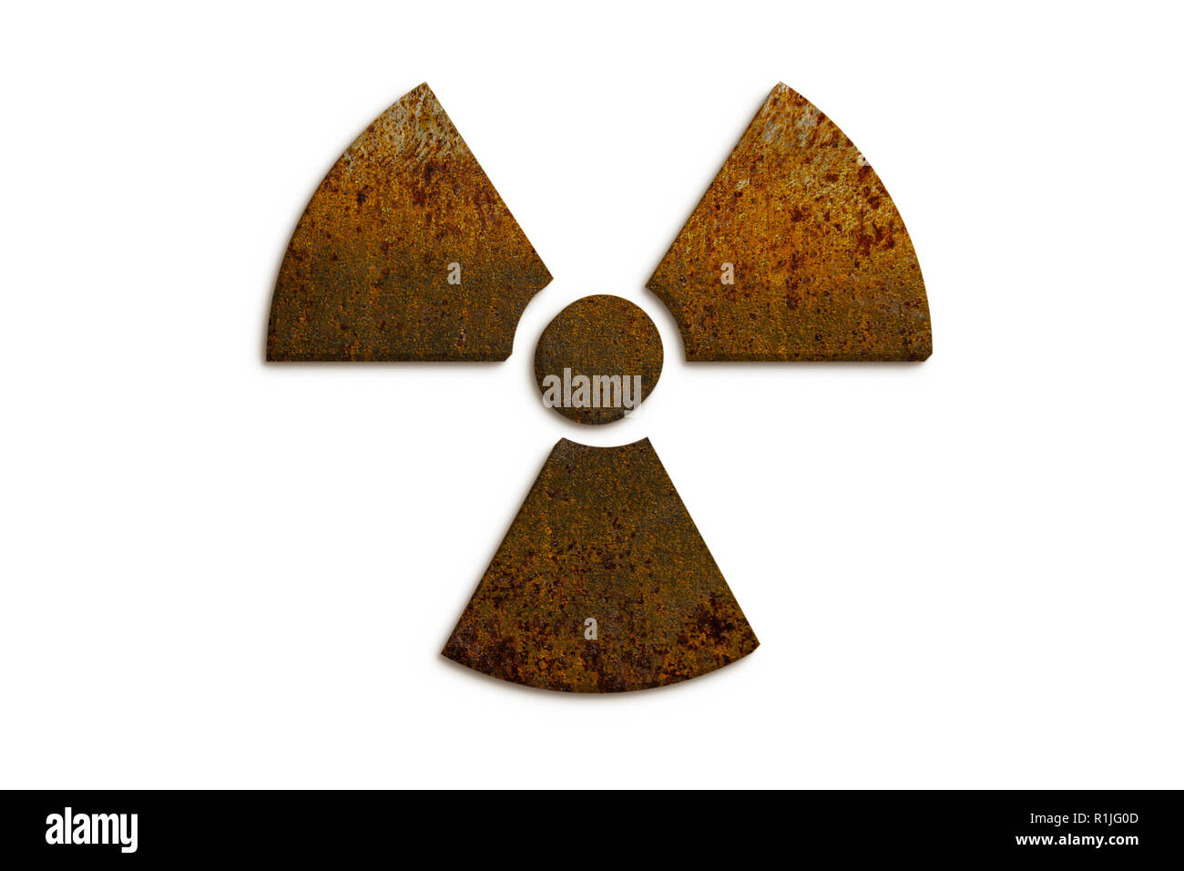 Radioactive (ionizing radiation) nuclear danger symbol constructed of 3D rusty metal grungy texture and isolated on seamless white background. Stock Photo