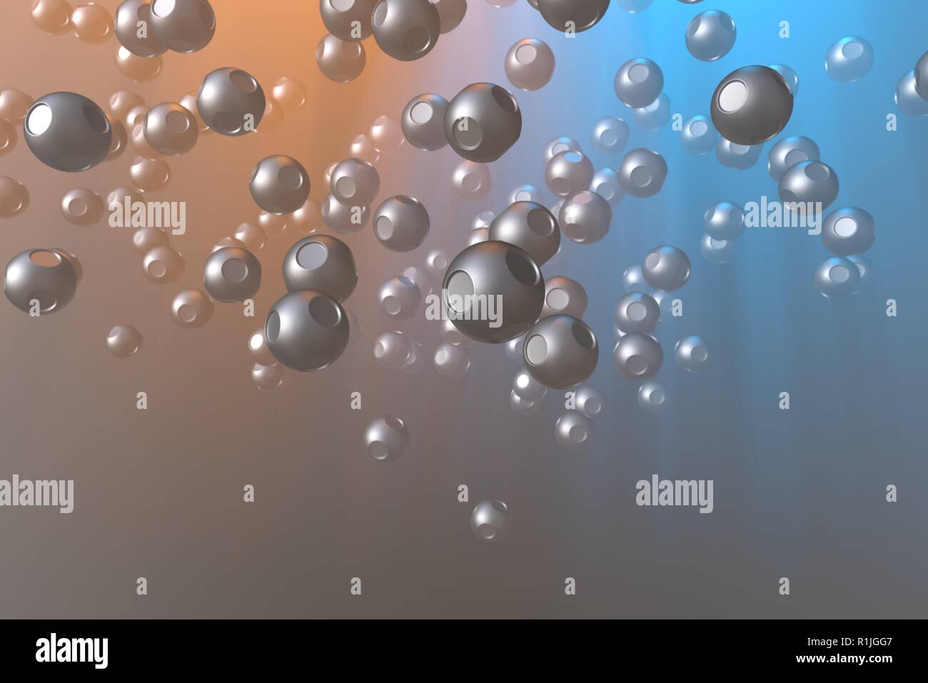 Abstract steel metal spheres flying in the space 3d rendering. Futuristic concept background in