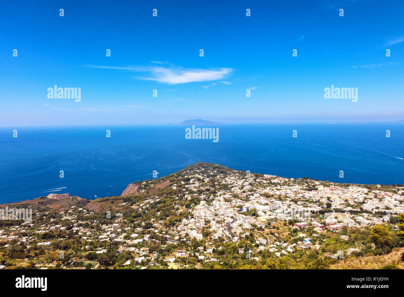 View of the sea, the city of Capri, Vesuvius, from the heights of Mount Solaro, Anacapri, Capri Island, Naples area, Italy Stock Photo