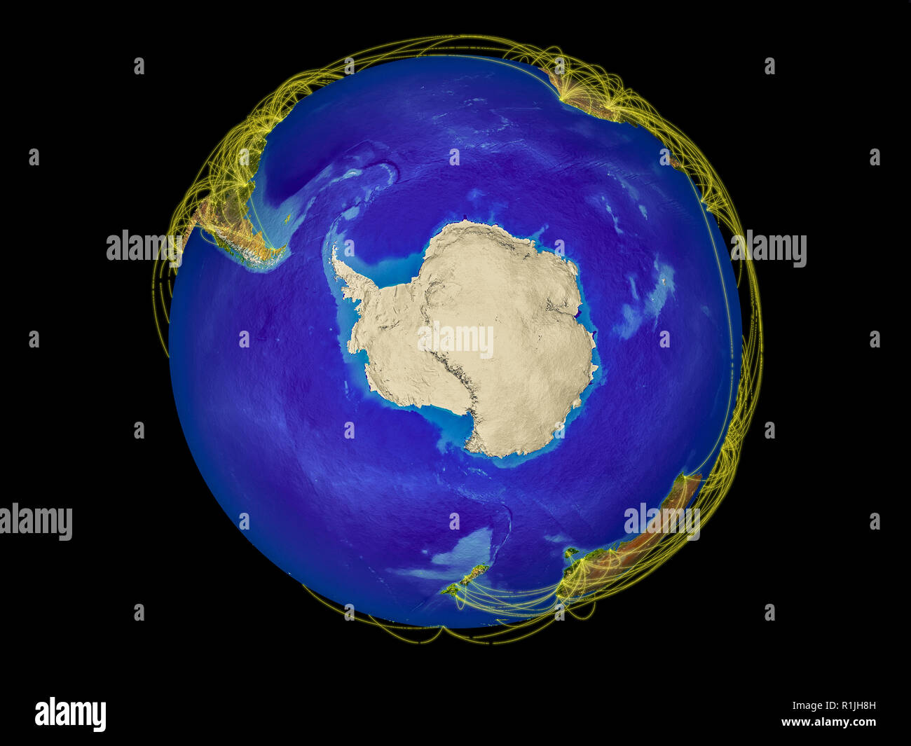 Antarctica from space on Earth with lines representing international communication, travel, connections. 3D illustration. Elements of this image furni Stock Photo