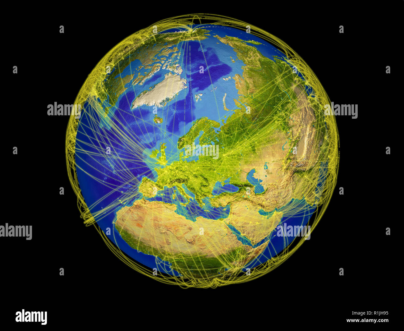 Europe from space on Earth with lines representing international communication, travel, connections. 3D illustration. Elements of this image furnished Stock Photo