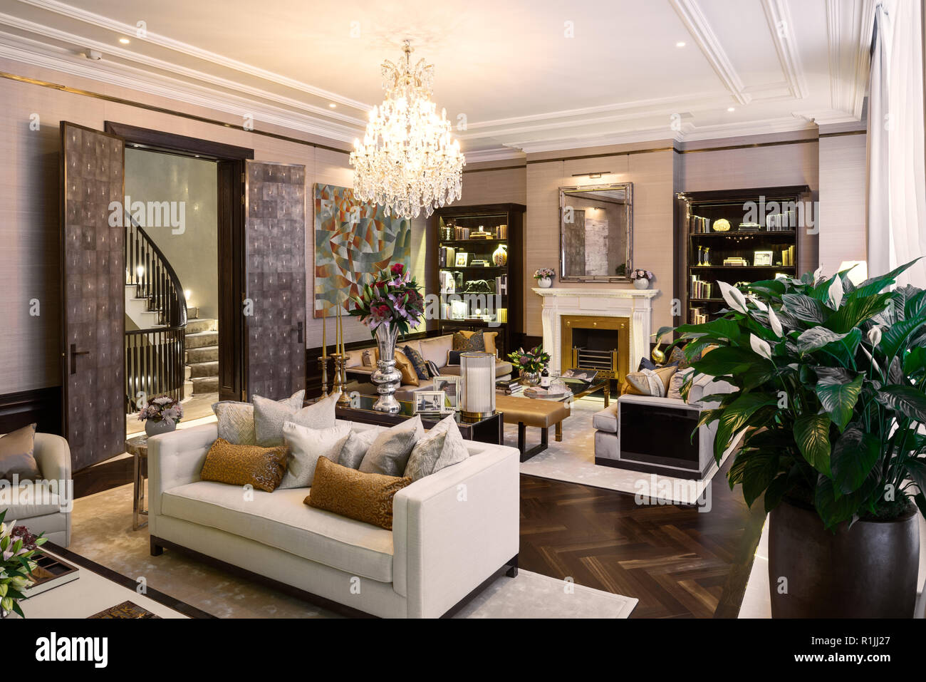 Luxury living room with chandelier Stock Photo