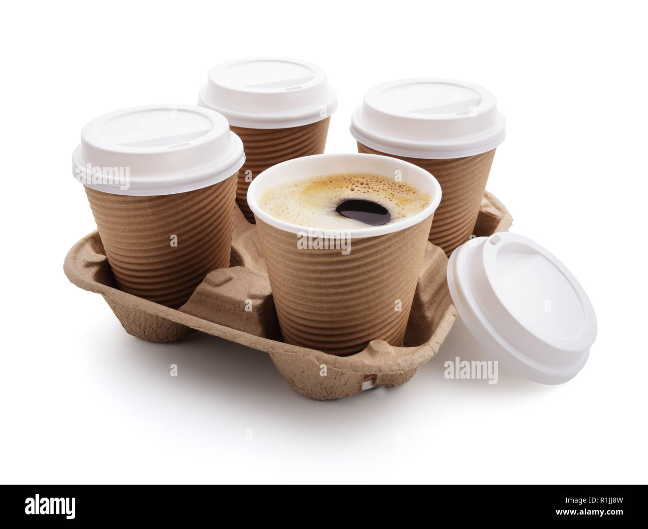 Coffee take out disposable cups wit lids in holder Stock Photo