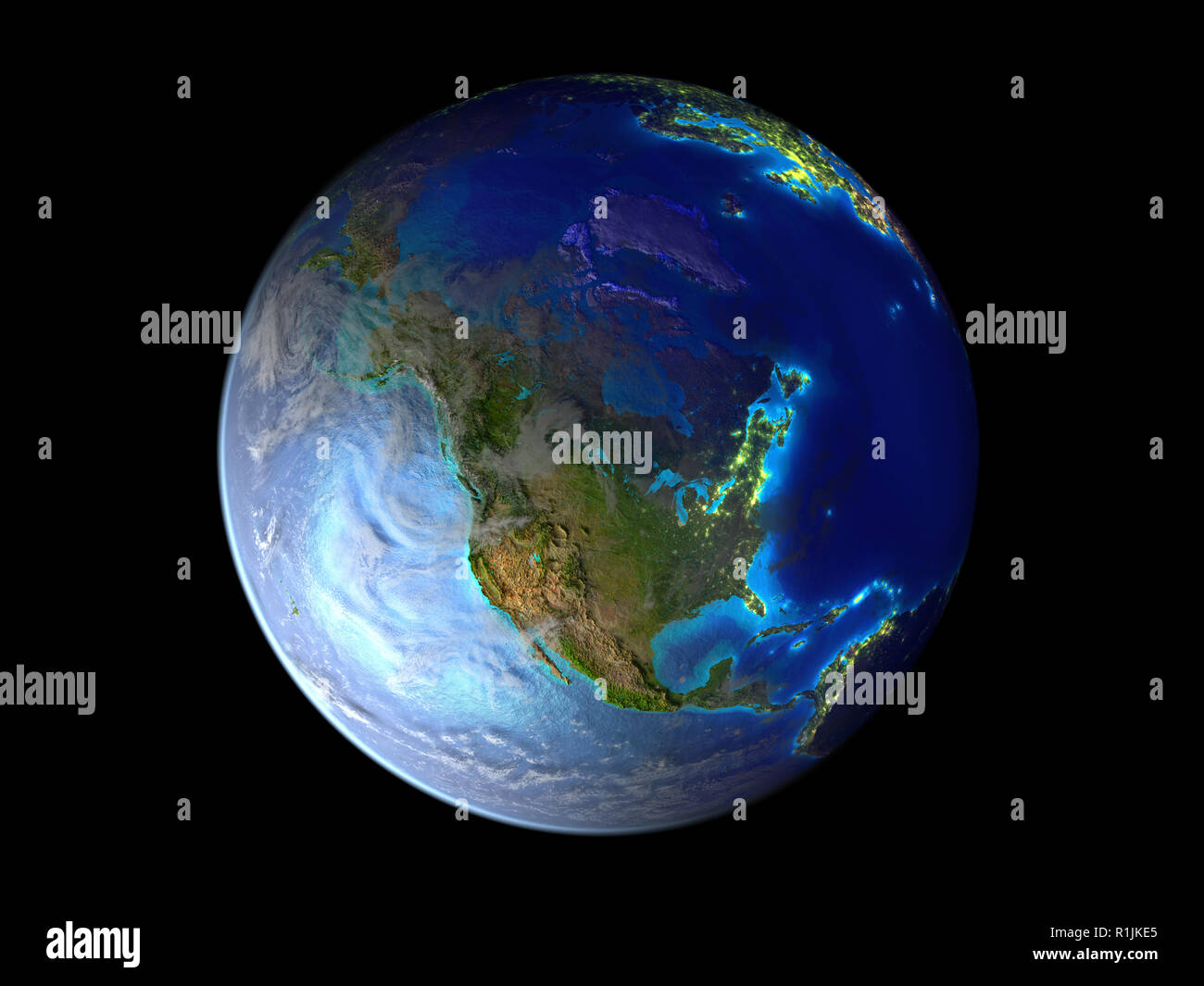 North America on planet Earth from space illuminated by city lights. 3D ...