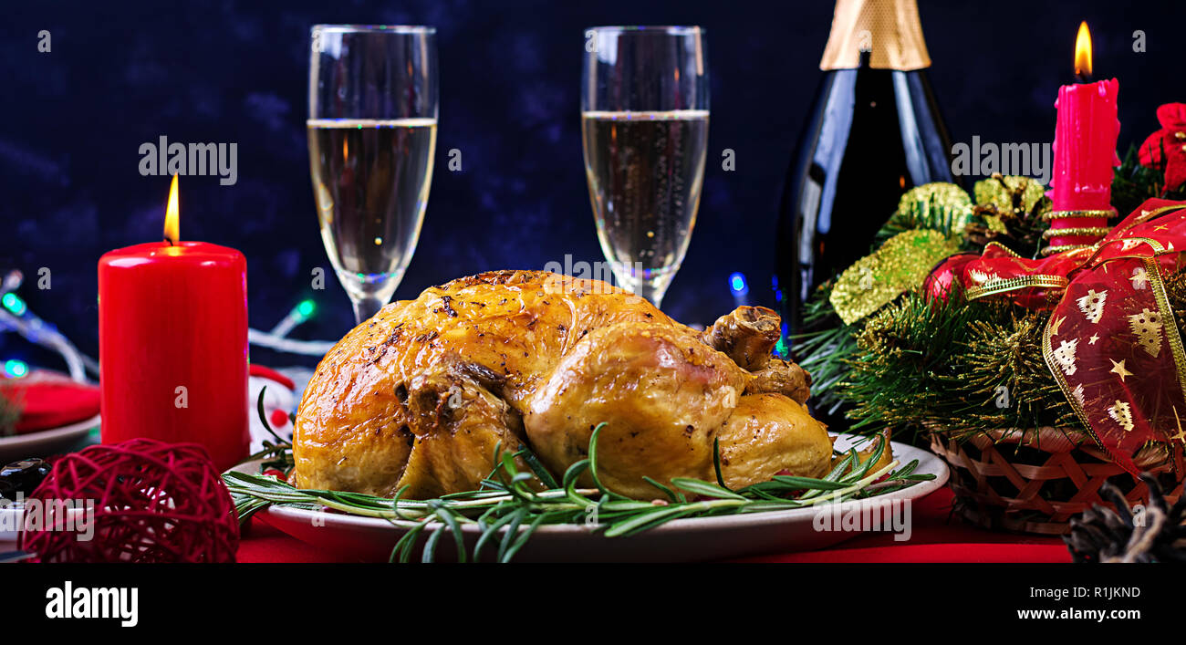 Baked turkey. Christmas dinner. The Christmas table is served with a