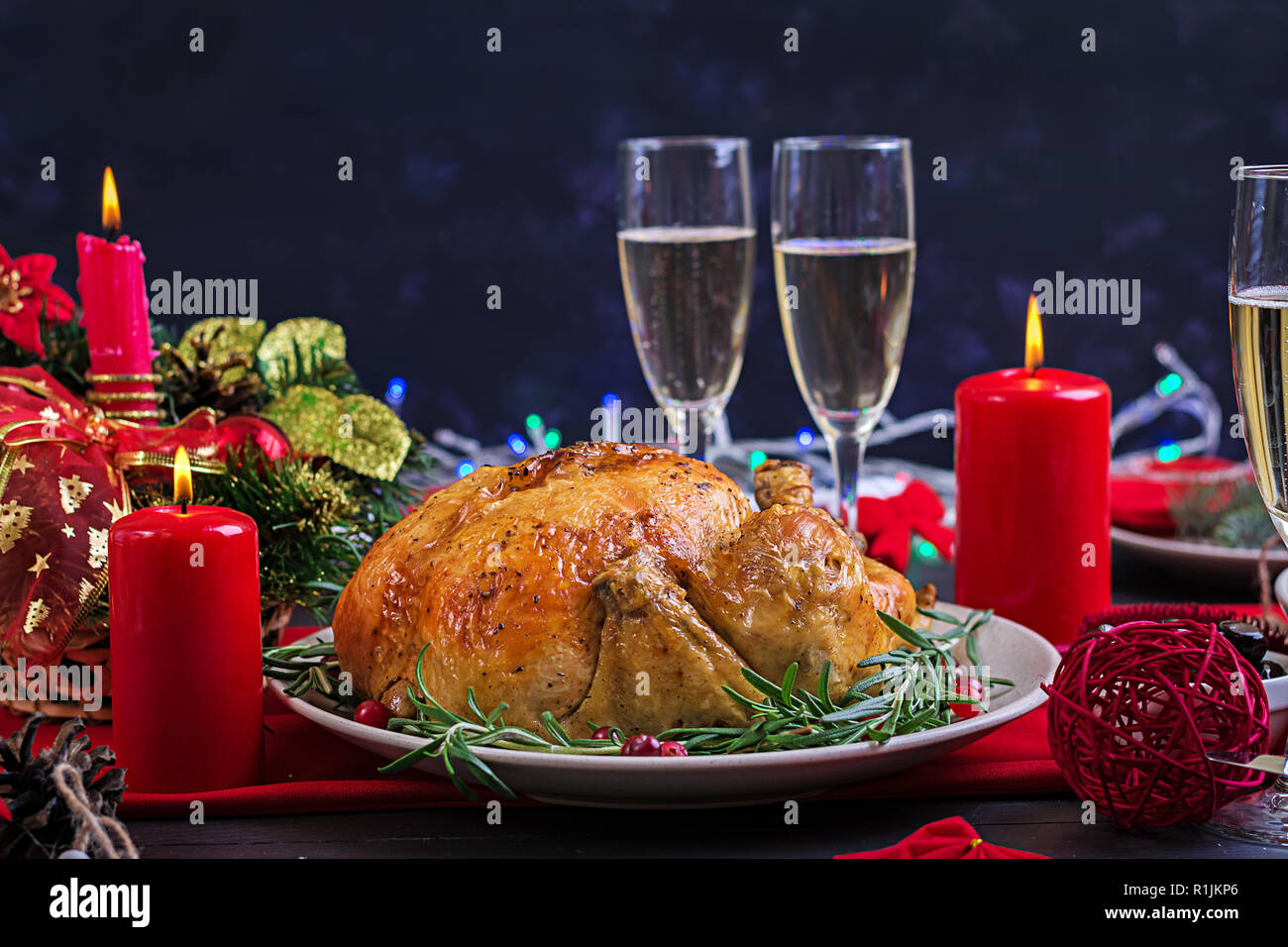 Baked turkey. Christmas dinner. The Christmas table is served with a
