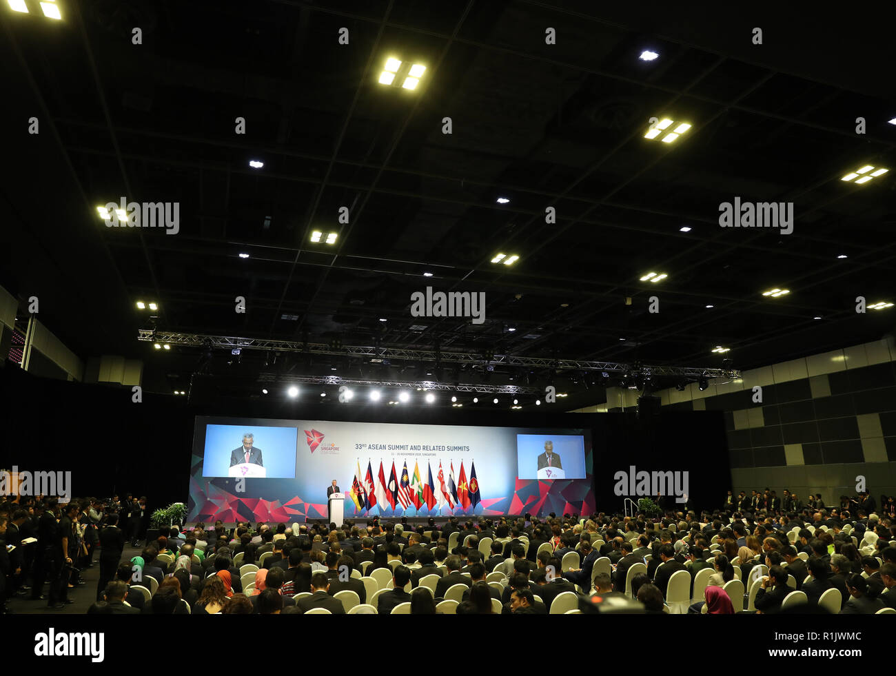 Singapore. 13th Nov, 2018. Singaporean Prime Minister Lee Hsien Loong addresses the opening ceremony of the 33rd summit of the Association of Southeast Asian Nations (ASEAN) in Singapore, on Nov. 13, 2018. The 33rd ASEAN summit opened here Tuesday with a call for upholding multilateralism and international cooperation. Credit: Li Gang/Xinhua/Alamy Live News Stock Photo
