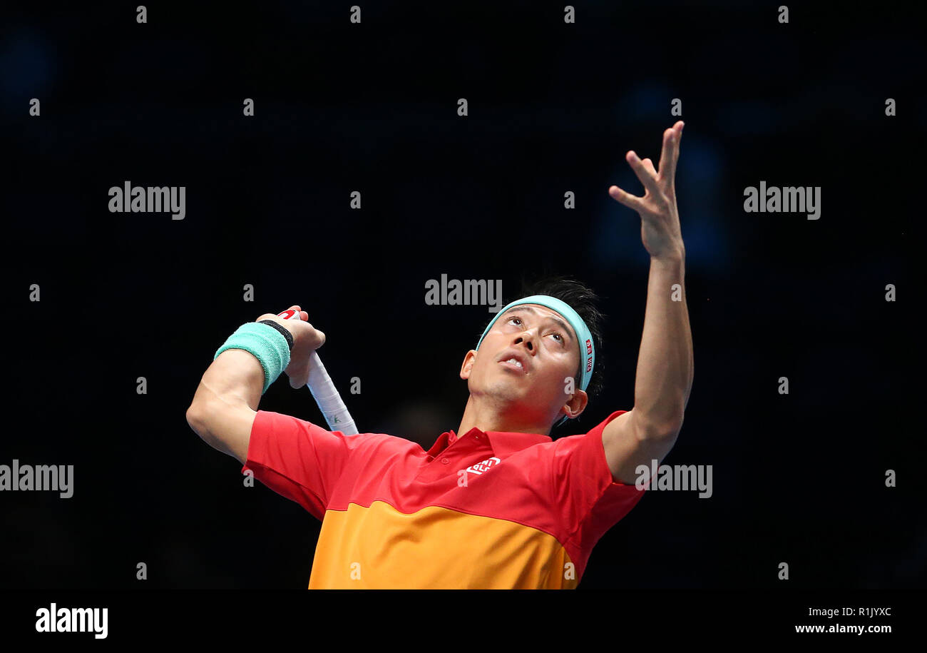 London, UK. November 13, 2018. Kei Nishikori (JPN) against Kevin Anderson (RSA) during Day Three Singles of the Nitto ATP World Tour  Finals played at The O2 Arena, London on November 13 2018. Credit Action Foto Sport Stock Photo