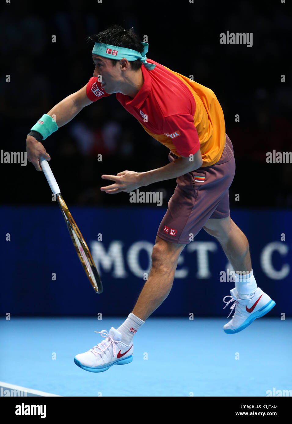 London, UK. November 13, 2018. Kei Nishikori (JPN) against Kevin Anderson (RSA) during Day Three Singles of the Nitto ATP World Tour  Finals played at The O2 Arena, London on November 13 2018. Credit Action Foto Sport Stock Photo