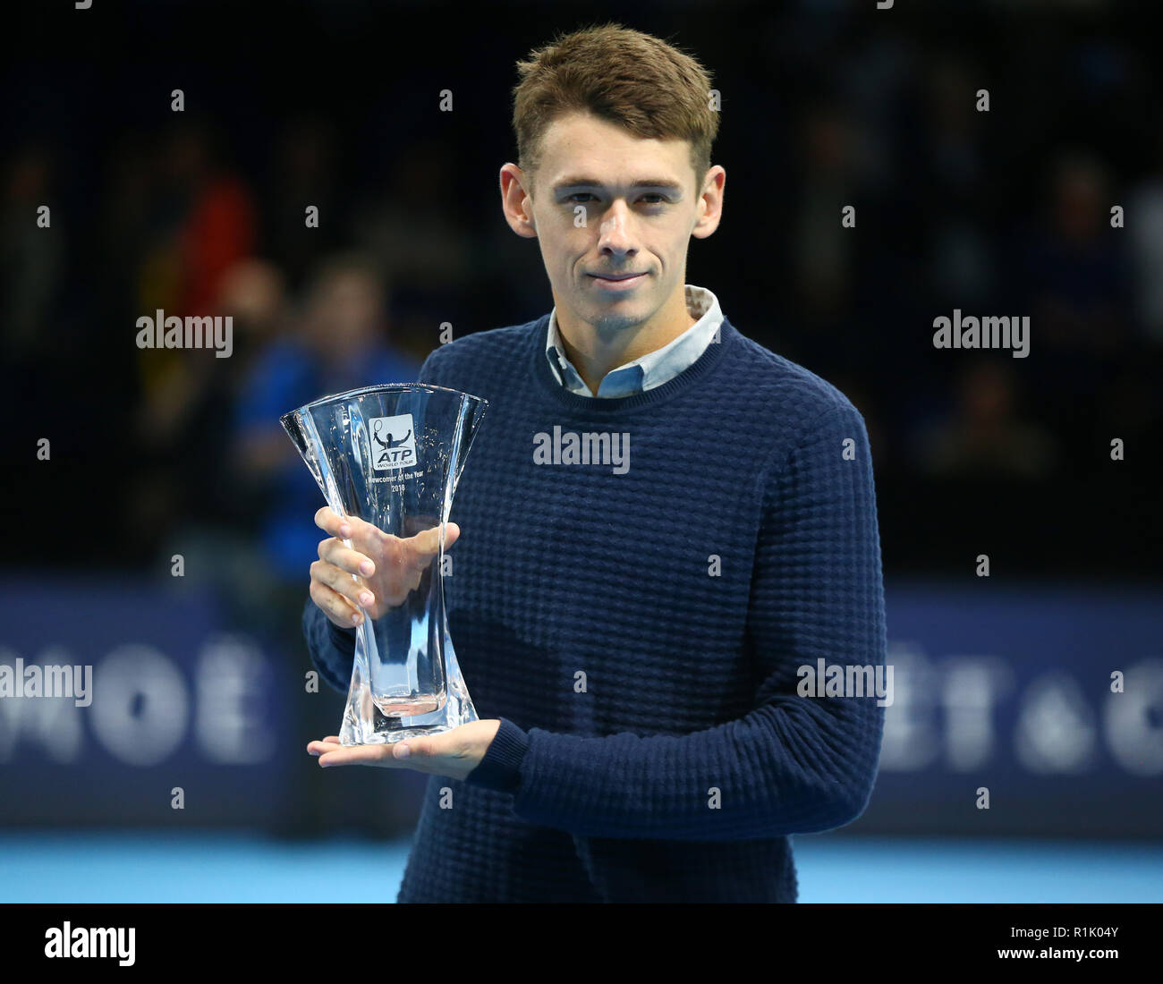 London, UK. November 13, 2018. 2018 ATP World Tour Awards Newcomer Alex De Minaur during Day Three Singles of the Nitto ATP World Tour  Finals played at The O2 Arena, London on November 13 2018. Credit Action Foto Sport Stock Photo