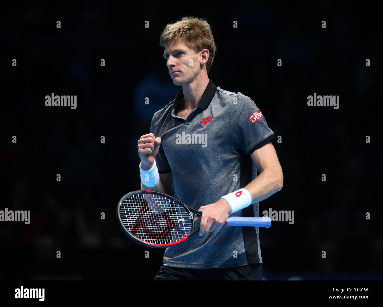 London, UK. November 13, 2018. Kevin Anderson (RSA) celebrates his win over Kei Nishikori (JPN)  during Day Three Singles of the Nitto ATP World Tour  Finals played at The O2 Arena, London on November 13 2018. Credit Action Foto Sport Stock Photo