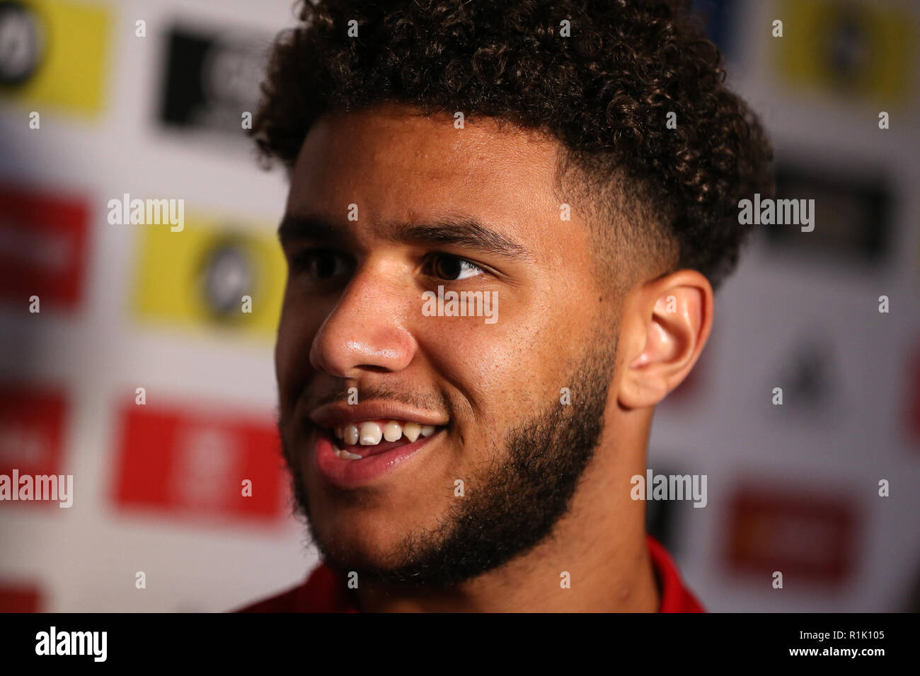 National Museum of History, St.Fagans, Cardiff, Wales, UK. 13th November 2018.Tyler Roberts of Wales speaks to the media at the Wales football player media session at the St.Fagans National Museum of History in St.Fagans, near Cardiff , South Wales on Tuesday 13th November 2018. Credit: Andrew Orchard/Alamy Live News Stock Photo