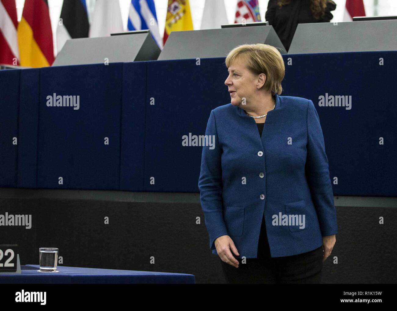 Strasbourg, France. 13th November, 2018. German Chancellor Angela Merkel seen at the debate about the future of Europe with the members of the European Parliament, in Strasbourg, eastern France. Credit: Elyxandro Cegarra/SOPA Images/ZUMA Wire/Alamy Live News Stock Photo