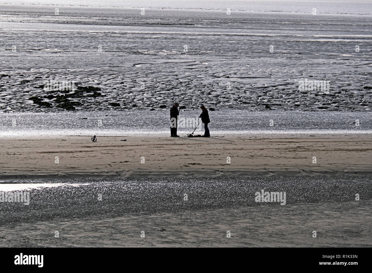 Weston-super-Mare, UK. 13th November, 2018. UK weather: on a cloudy afternoon with sunny intervals, metal detectorists search the beach. Keith Ramsey/Alamy Live News Stock Photo