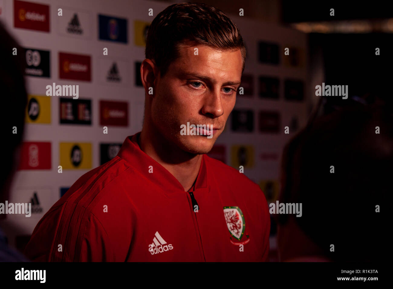 Cardiff, Wales. 13th November, 2018. Wales player James Lawrence faces the media ahead of the match against Denmark in the UEFA Nations League. Lewis Mitchell/YCPD. Credit: Lewis Mitchell/Alamy Live News Stock Photo