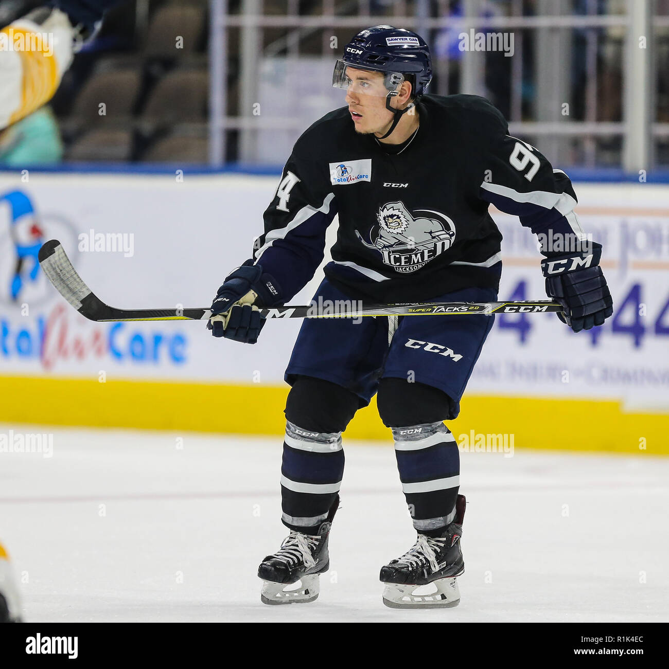 Nov 12 - Jacksonville, FL, U.S.: Jacksonville Icemen forward Tyson Fawcett (94) during an ECHL professional hockey game against the Norfolk Admirals at the Veterans Memorial Arena in Jacksonville, Fla., Monday, Nov. 12, 2018. (Gary Lloyd McCullough/ Cal Sport Media) Stock Photo