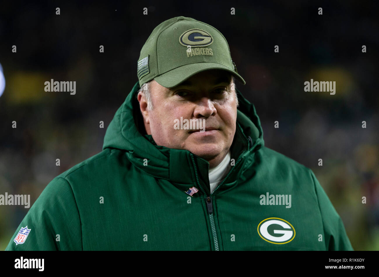 Green Bay, WI, USA. 11th Nov, 2018. A Green Bay fan looks on during the NFL  Football game between the Miami Dolphins and the Green Bay Packers at  Lambeau Field in Green