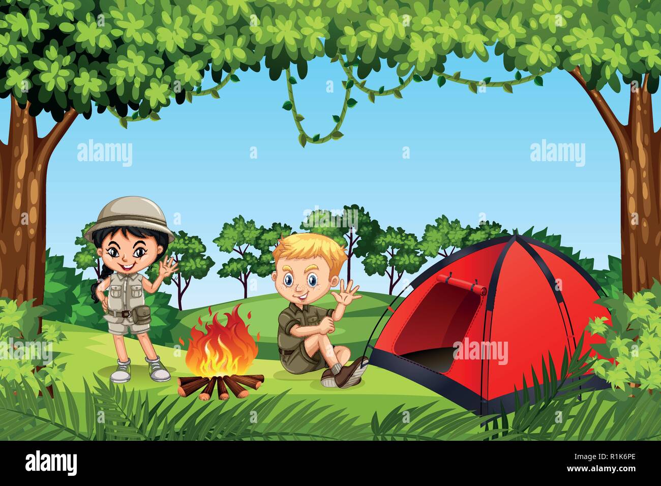 Two children camping in the woods illustration Stock Vector Image & Art ...