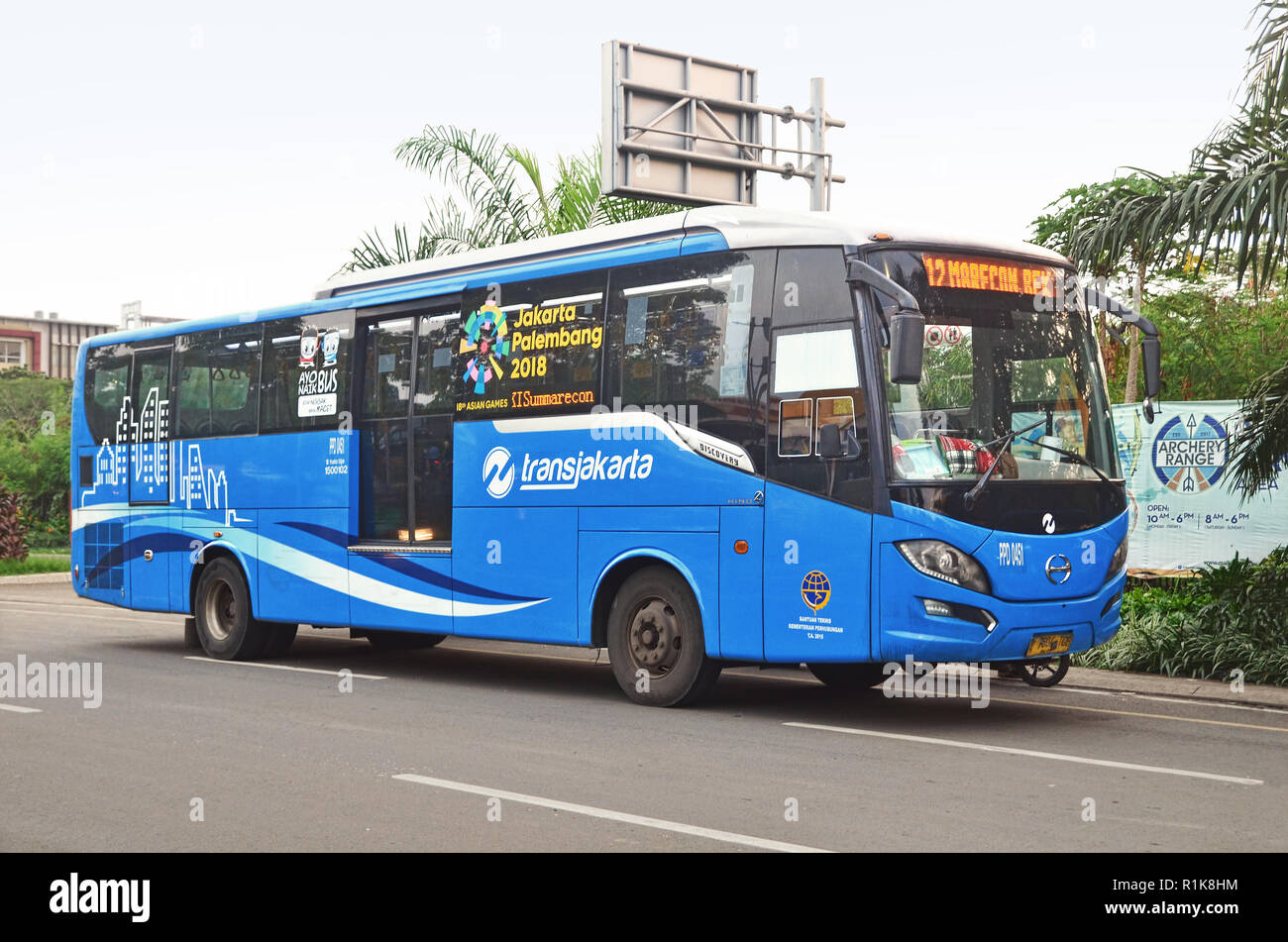 Exterior, side view of TransJakarta bus Stock Photo