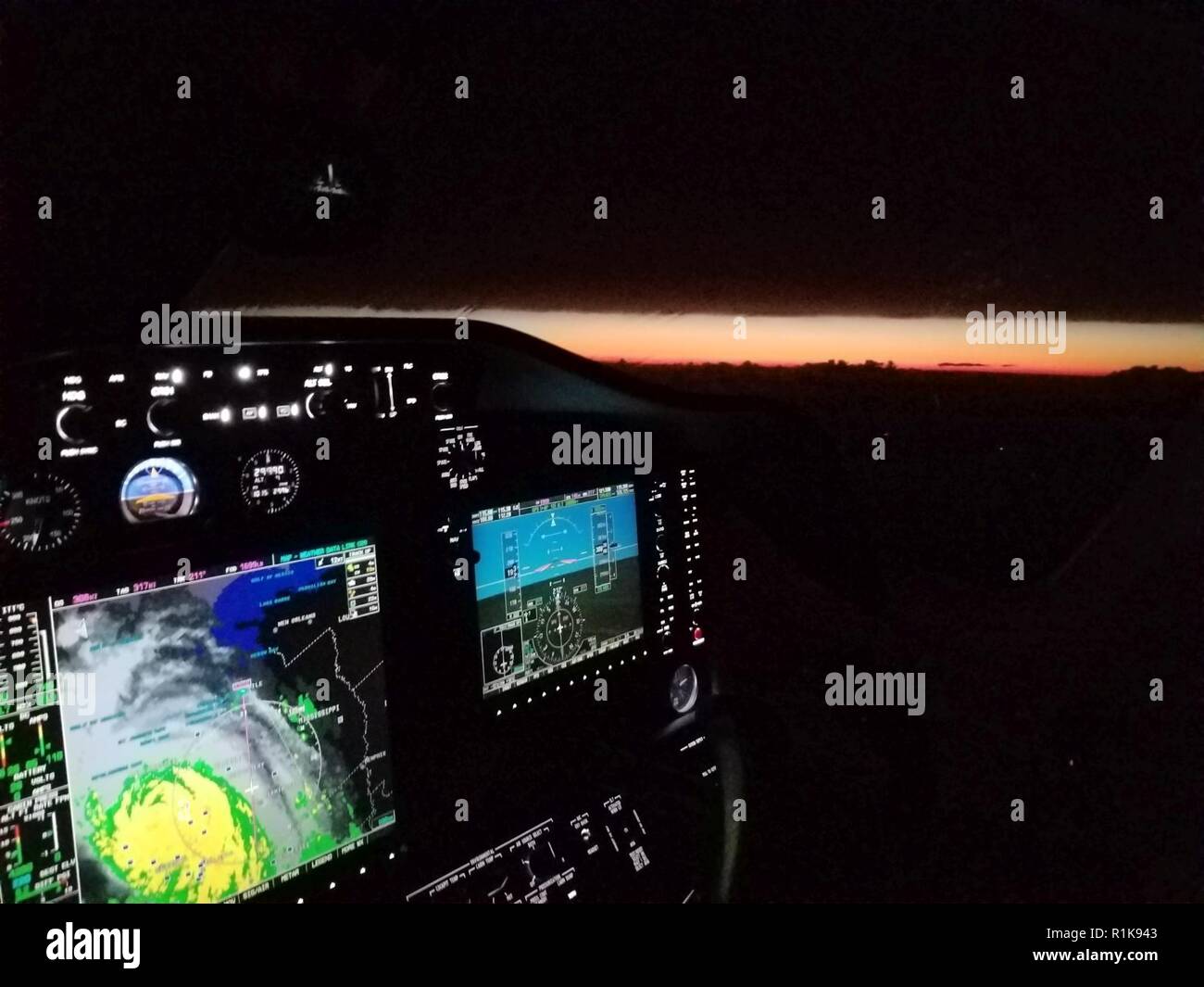U.S. Coast Guard Auxiliary aircraft navigation system displays the remnants of Hurricane Michael during a flight to Panama City, Florida, Oct. 11, 2018. Coast Guard personnel were transported to establish a forward operating base in Panama City. Stock Photo