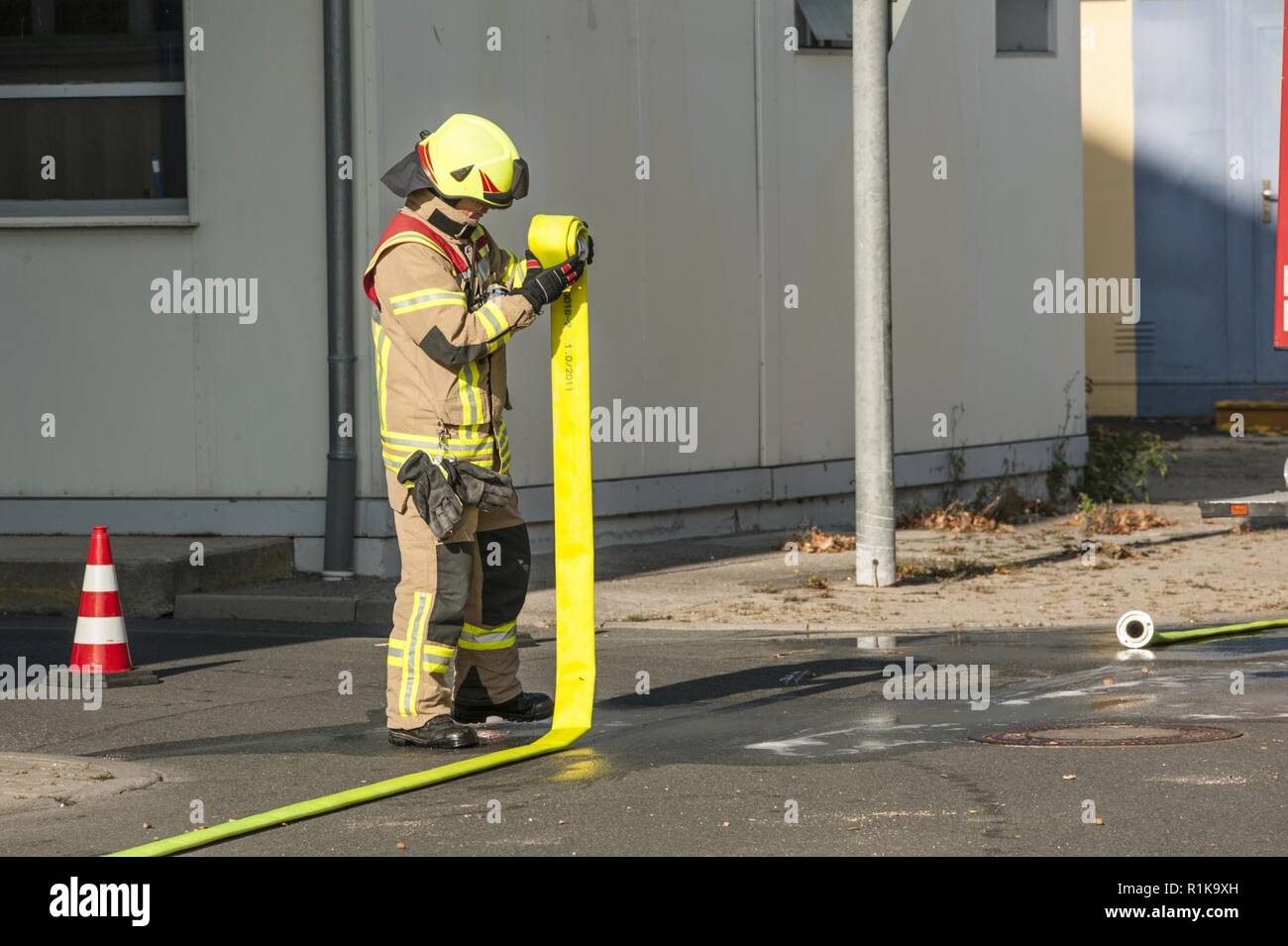 ANSBACH, Germany (Oct. 10, 2018) -- U.S. Army Garrison Ansbach firefighters conducted a fire drill exercise at the Barton Barracks, LRC in Ansbach,  during the fire prevention week 2018. The exercise was based on a simulated  scenario, rescuing a person from the 3rd floor and evacuating the remaining  personnel. Stock Photo