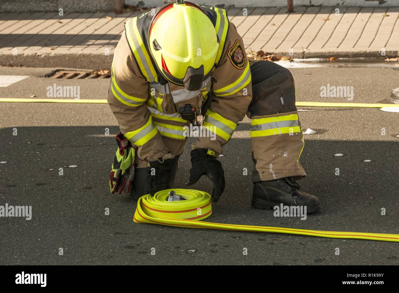 ANSBACH, Germany (Oct. 10, 2018) -- U.S. Army Garrison Ansbach firefighters conducted a fire drill exercise at the Barton Barracks, LRC in Ansbach,  during the fire prevention week 2018. The exercise was based on a simulated  scenario, rescuing a person from the 3rd floor and evacuating the remaining  personnel. Stock Photo