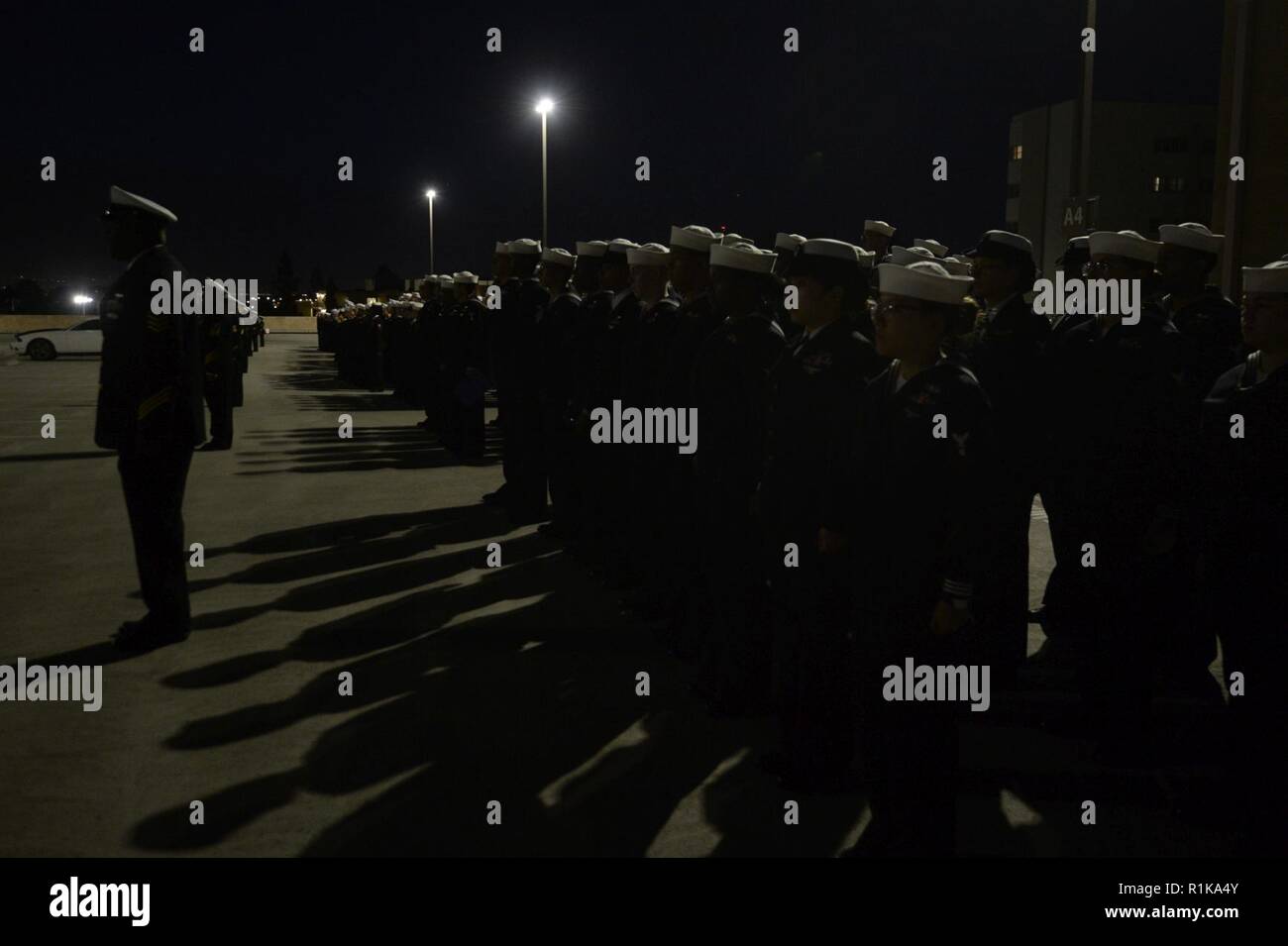 SAN DIEIGO (Oct. 12,2018) — Naval Medical Center San Diego (NMCSD) Directorate for Administration (DFA) Sailors stand in formation for a service dress blue uniform inspection in preparation for the seasonal uniform change. NMCSD is the largest naval hospital on the west coast, employing more than 6,000 Sailors, civilians and contractors. Stock Photo