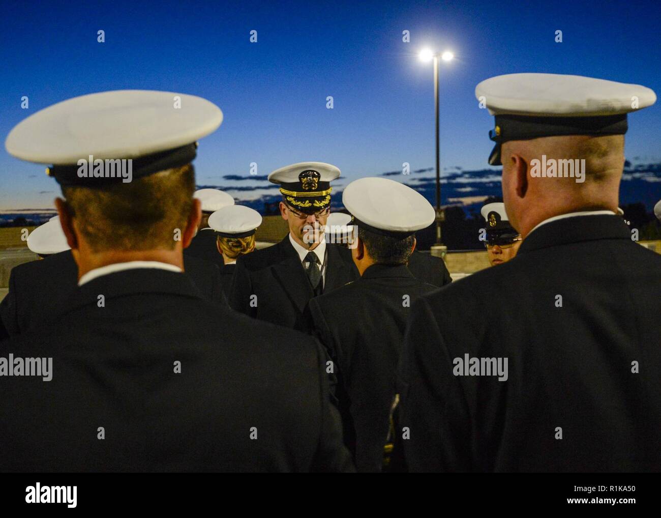 SAN DIEIGO (Oct. 12,2018) — Capt. Alan Christian, Director for Administration (DFA) at Naval Medical Center San Diego (NMCSD), inspects uniforms during a service dress blue uniform inspection in preparation for the seasonal uniform change. NMCSD is the largest naval hospital on the west coast, employing more than 6,000 Sailors, civilians and contractors. Stock Photo