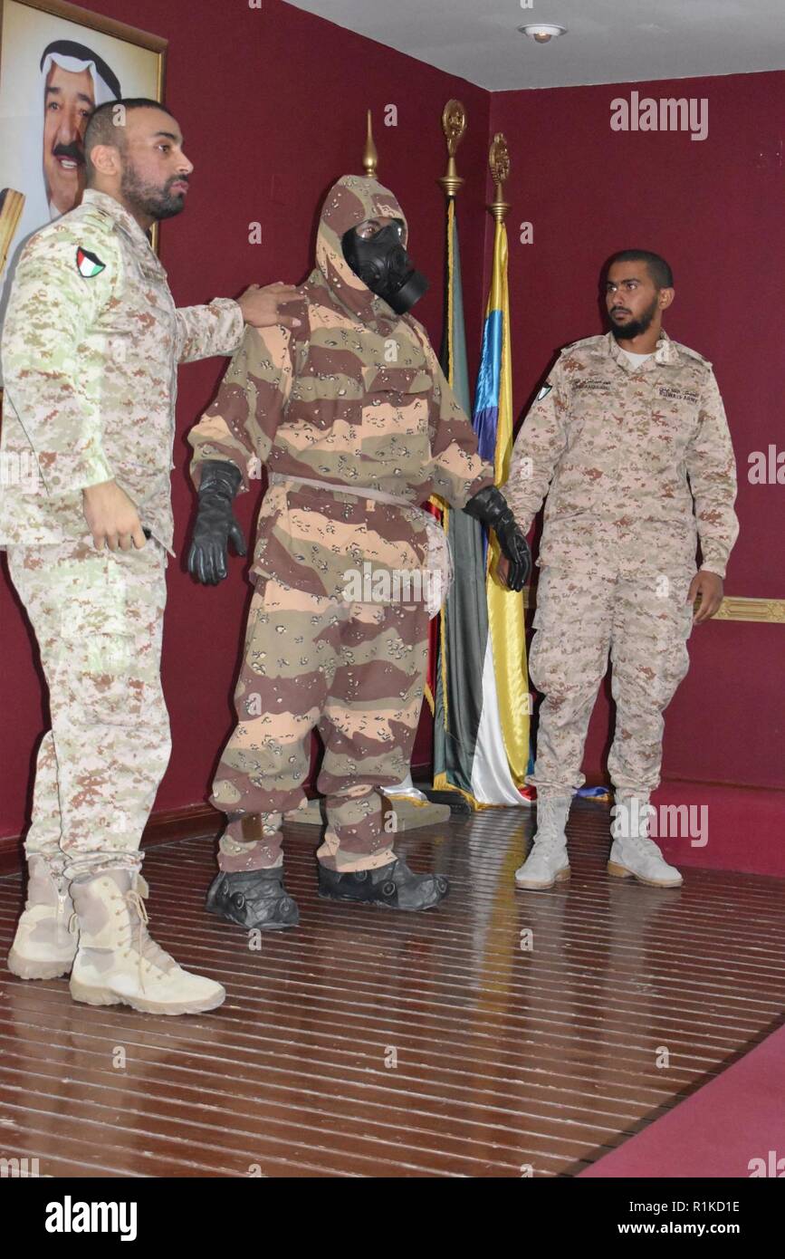 A team from the North Medical Military Complex shared information on chemical protection assets and treatment of Soldiers in a chemical environment during a symposium with members of Area Support Group-Kuwait Troop Medical Center and the 452nd Combat Support Hospital at the North Medical  Military Complex, Kuwait on Oct. 4, 2018. Stock Photo