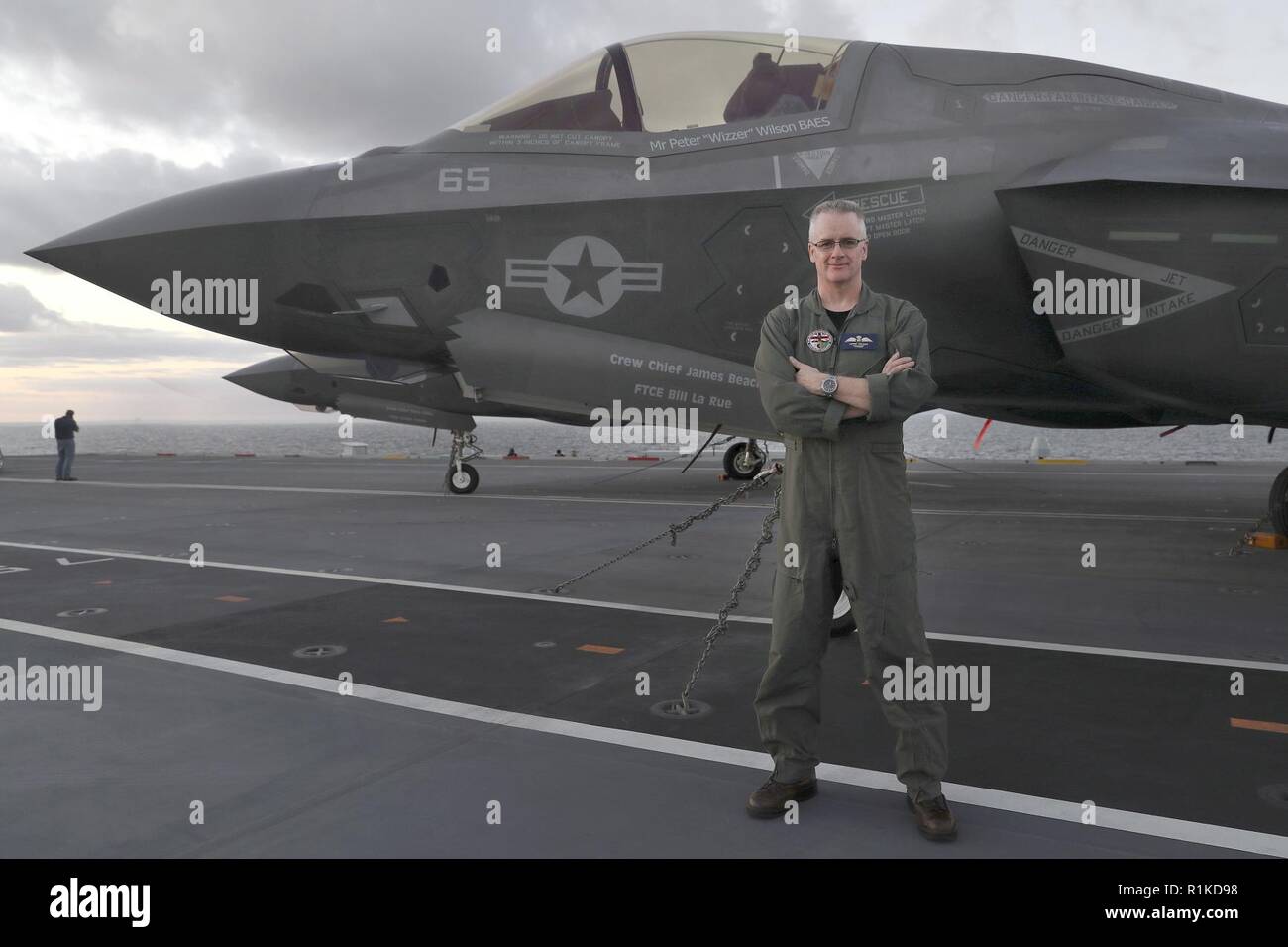 The first ever Shipborne Rolling Vertical Landing (SRVL) has been carried out with an F-35B Lightning II joint strike fighter jet conducting trials onboard the new British aircraft carrier, HMS Queen Elizabeth. The U.K. is the only nation currently planning to use the maneuver, which will allow jets to land onboard with heavier loads, meaning they won’t need to jettison expensive fuel and weapons before landing.  Today’s landing, conducted by Peter Wilson, a BAE Systems UK test pilot with the F-35 Pax River Integrated Test Force, took place at exactly 10:30 a.m. Oct. 13, 2018, off the east coa Stock Photo