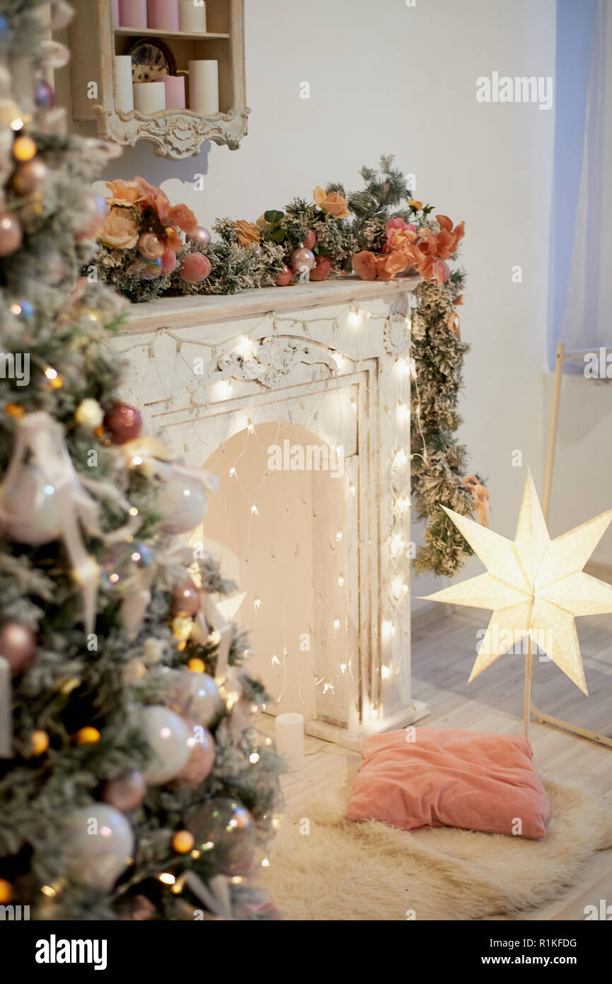 Cozy Bright Interior In The New Year Style Decorative Fireplace