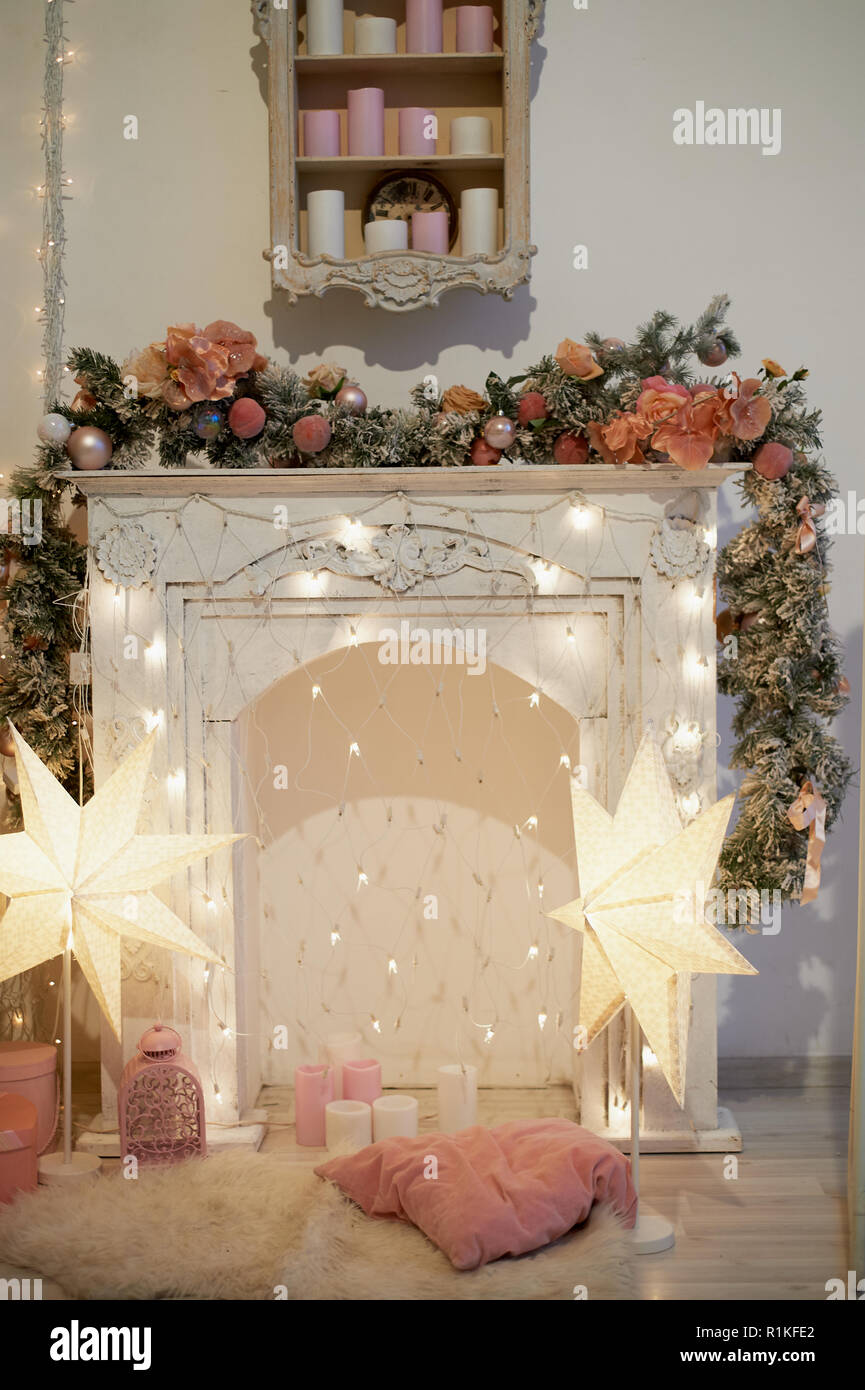 Cozy Bright Interior In The New Year Style Decorative Fireplace