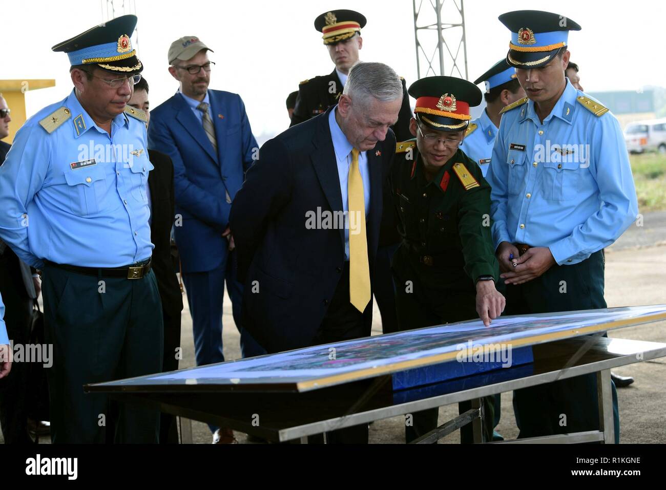U.S. Secretary of Defense James N. Mattis meets with Vietnamese officials adjacent to a dioxin-contaminated site at Bien Hoa Air Base outside Ho Chi Minh City, Vietnam, Oct. 17, 2018. Stock Photo