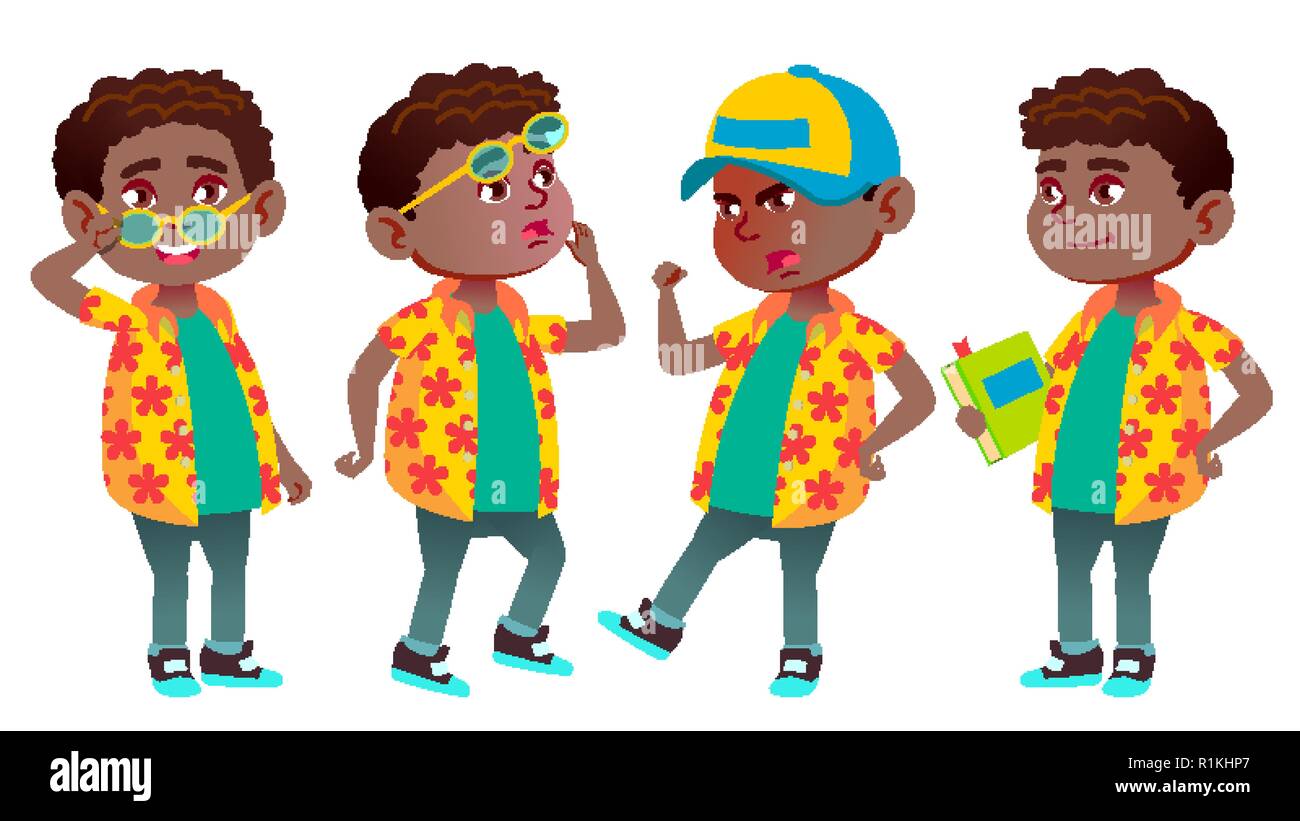 Boy Schoolboy Kid Poses Set Vector. Black. Afro American. Primary ...