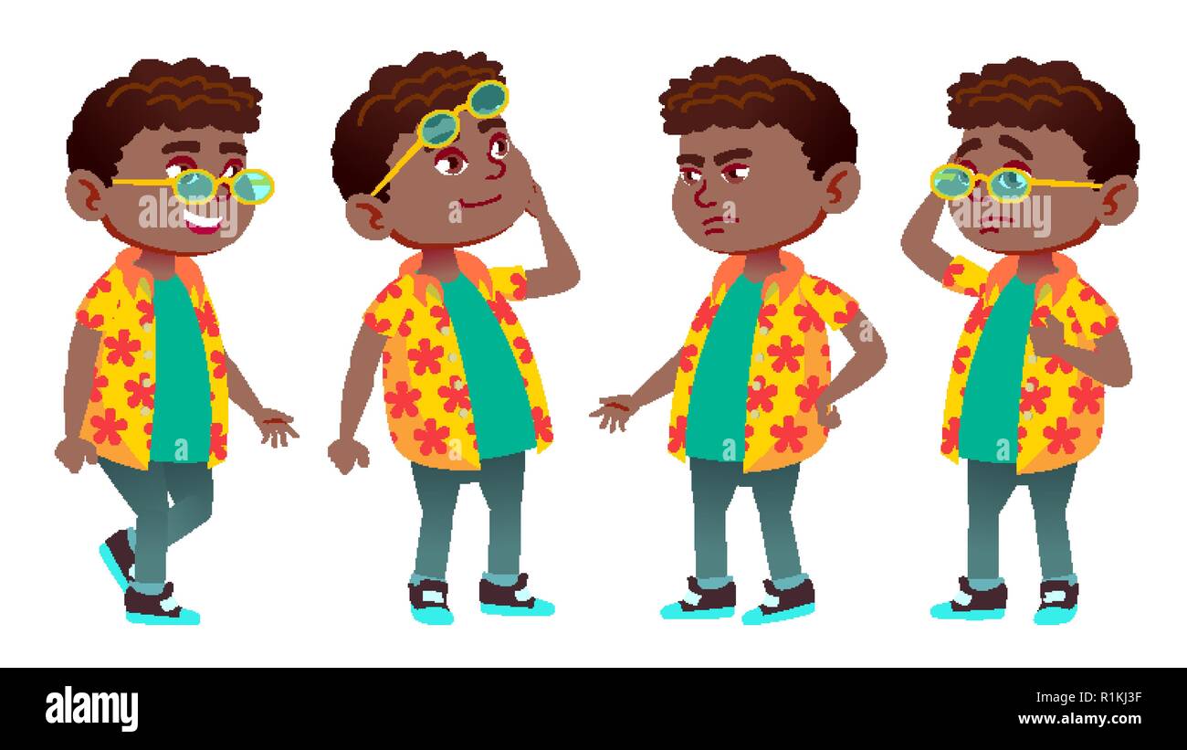 Boy Schoolboy Kid Poses Set Vector. Black. Afro American. Primary ...
