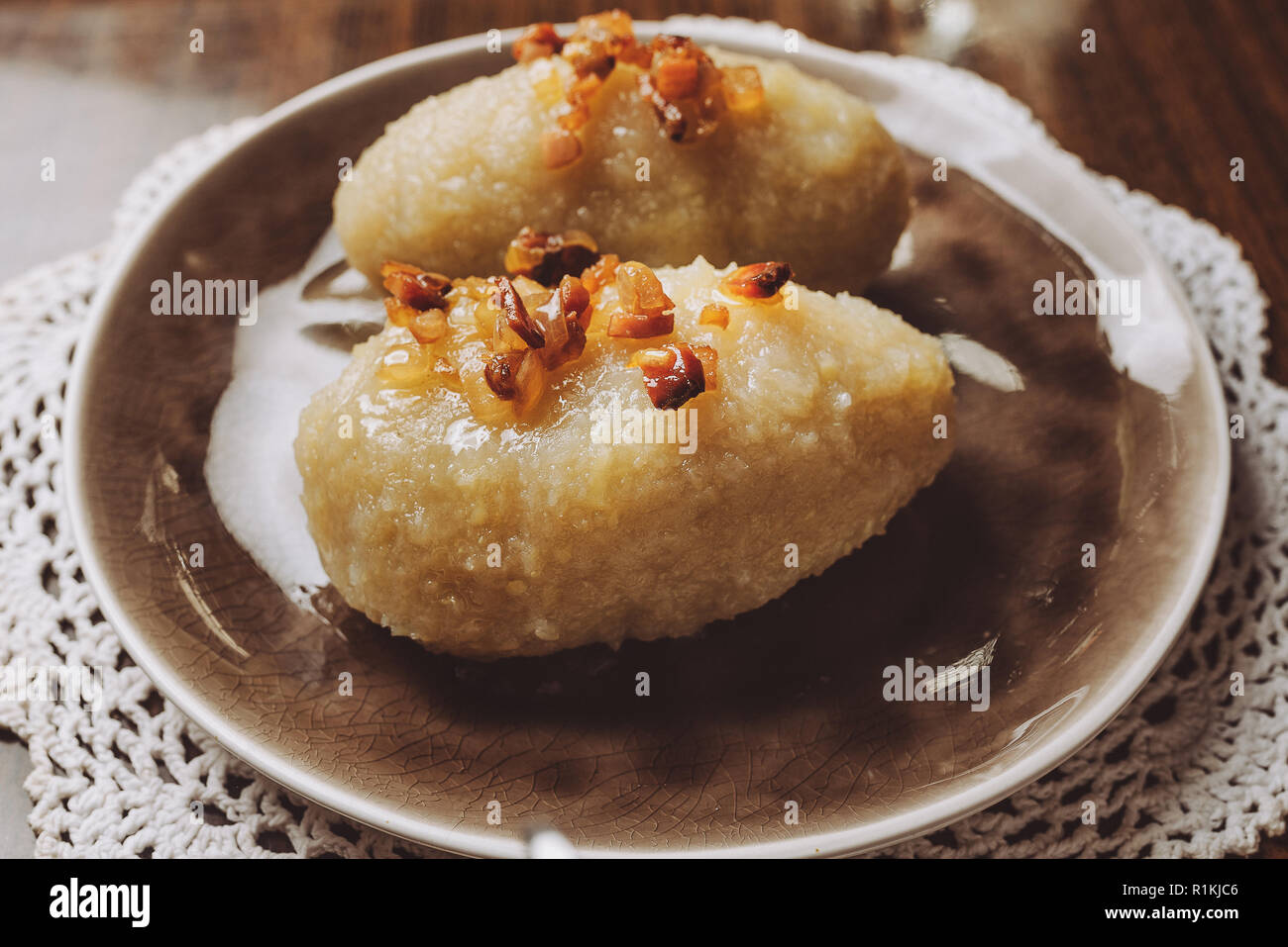Traditional Lithuanian dish of stuffed potato dumplings (cepelinai