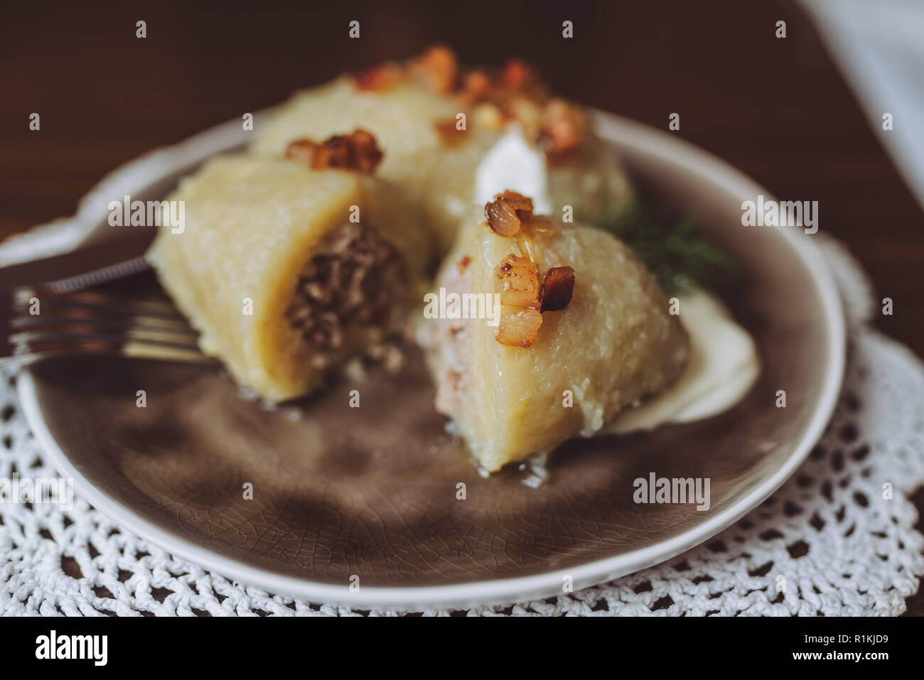 Traditional Lithuanian dish of stuffed potato dumplings (cepelinai