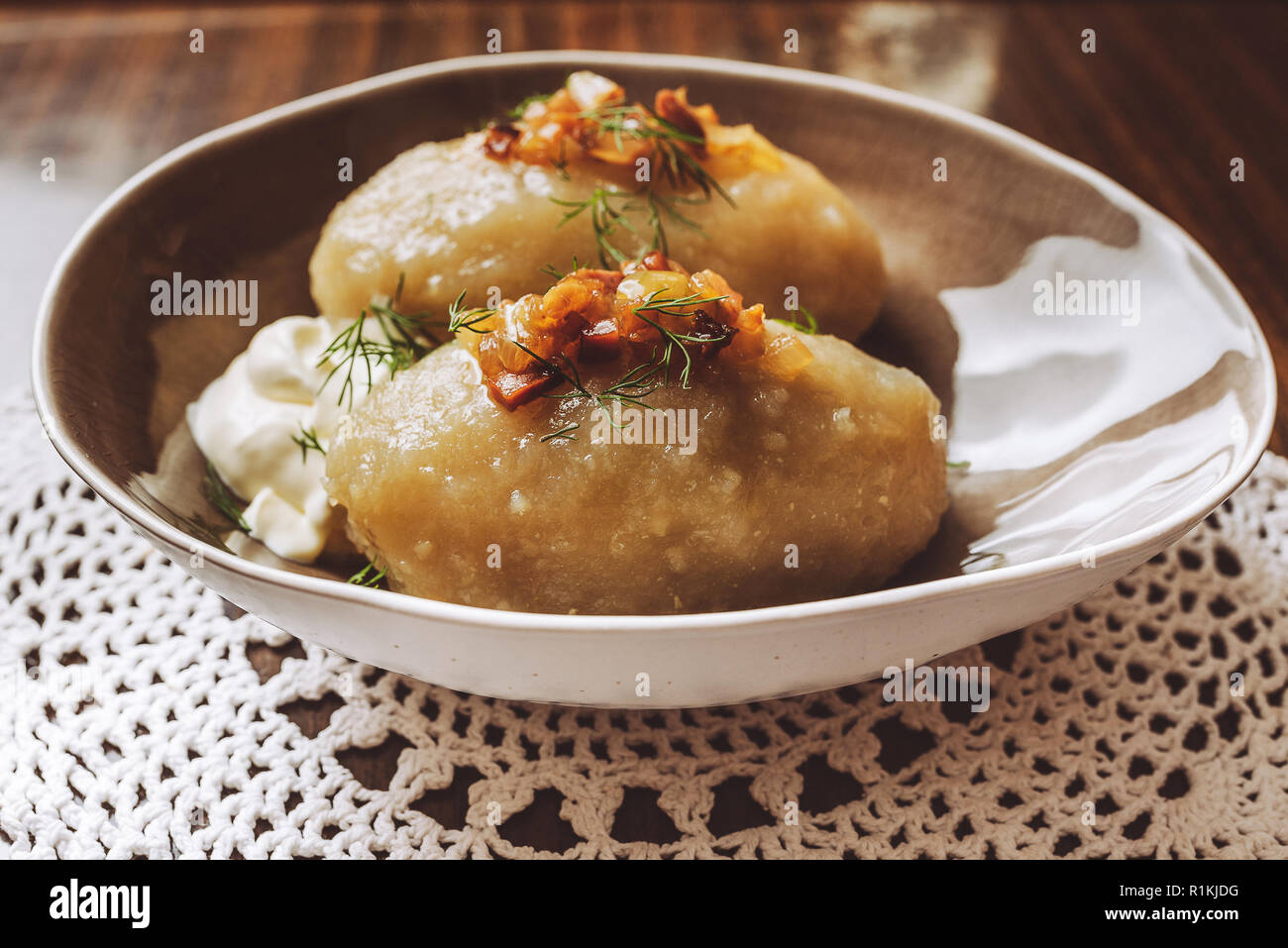Traditional Lithuanian dish of stuffed potato dumplings (cepelinai