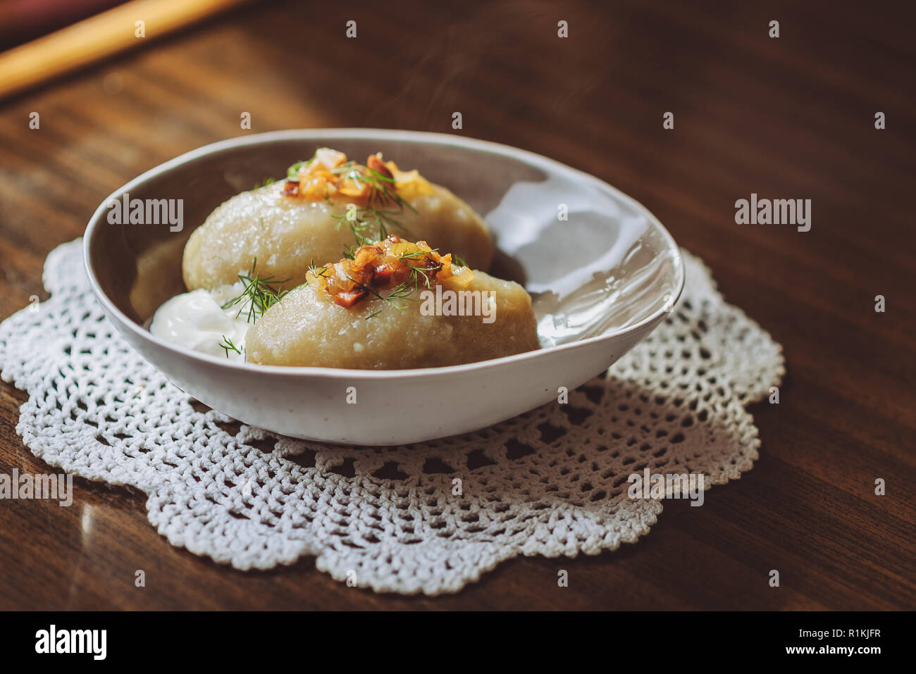 Traditional Lithuanian dish of stuffed potato dumplings (cepelinai