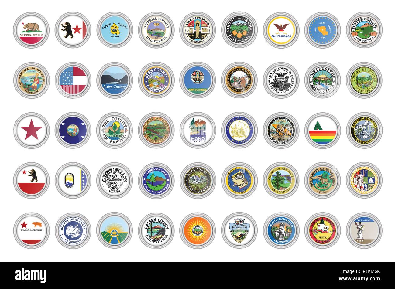 Set of vector icons. Flags and seals of California state, USA. 3D illustration. Stock Vector