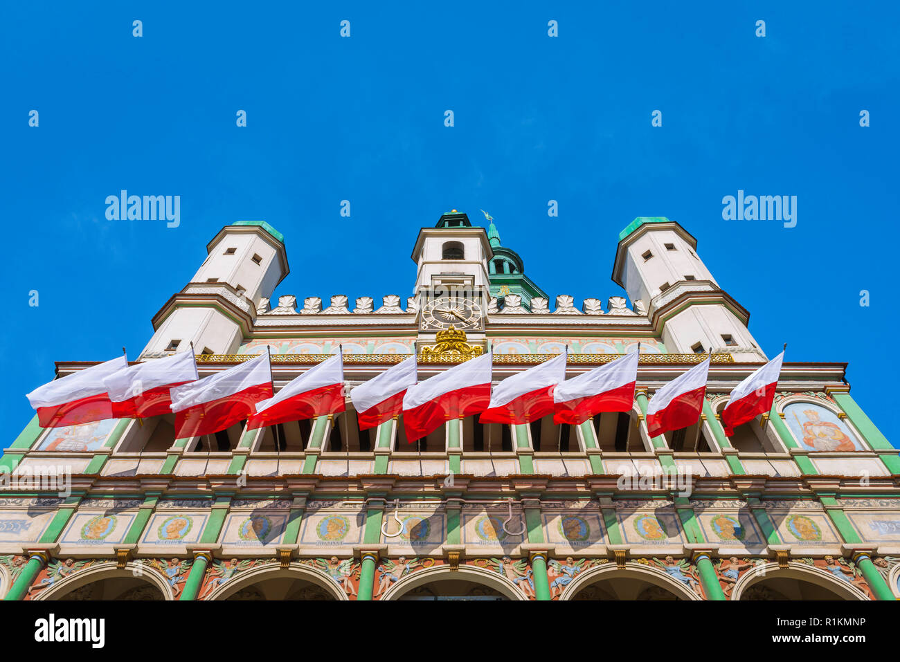 Town Hall Poznan, view of the upper exterior of the Renaissance Town Hall building (Ratusz) in Market Square in the Old Town area of Poznan, Poland. Stock Photo