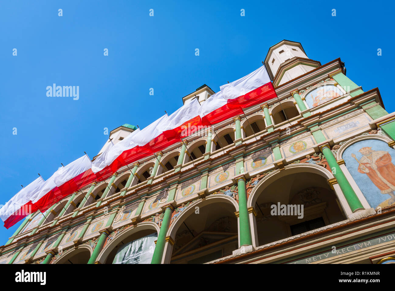 Poznan Town Hall, view of the upper exterior of the Renaissance Town Hall building (Ratusz) in Market Square in the Old Town area of Poznan, Poland. Stock Photo