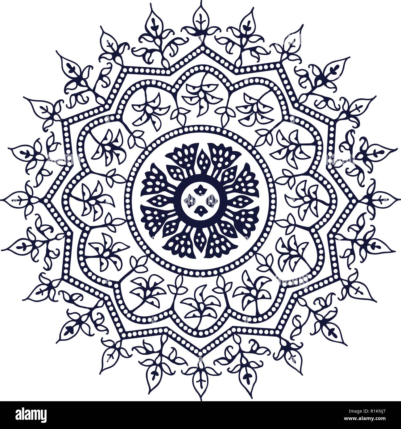 Mandala block print floral element. Traditional oriental ethnic motif of India Kashmir, monochrome. For your design. Stock Vector