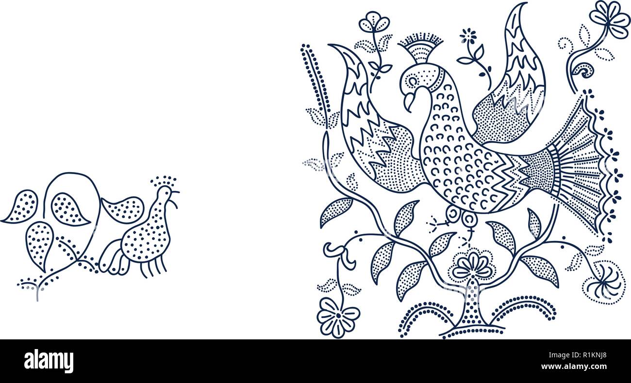 Set of 2 wood block printed floral elements. Traditional dotted ethnic motifs of Russia with birds and flowers, indigo blue on white background. For y Stock Vector