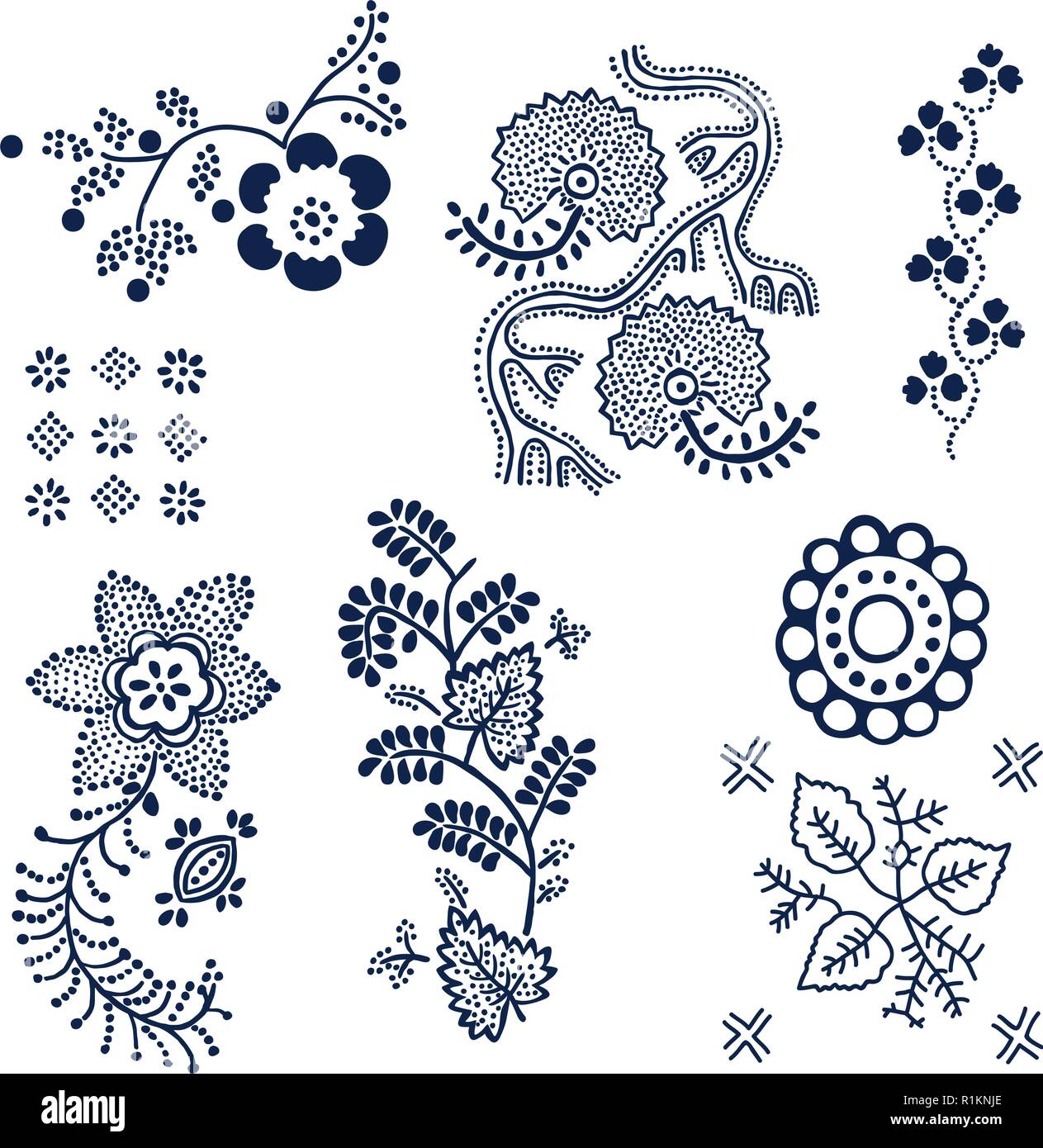Set of 7 wood block printed floral elements. Traditional dotted ethnic  motifs of Russia, indigo blue on white background. For your design Stock  Vector Image & Art - Alamy