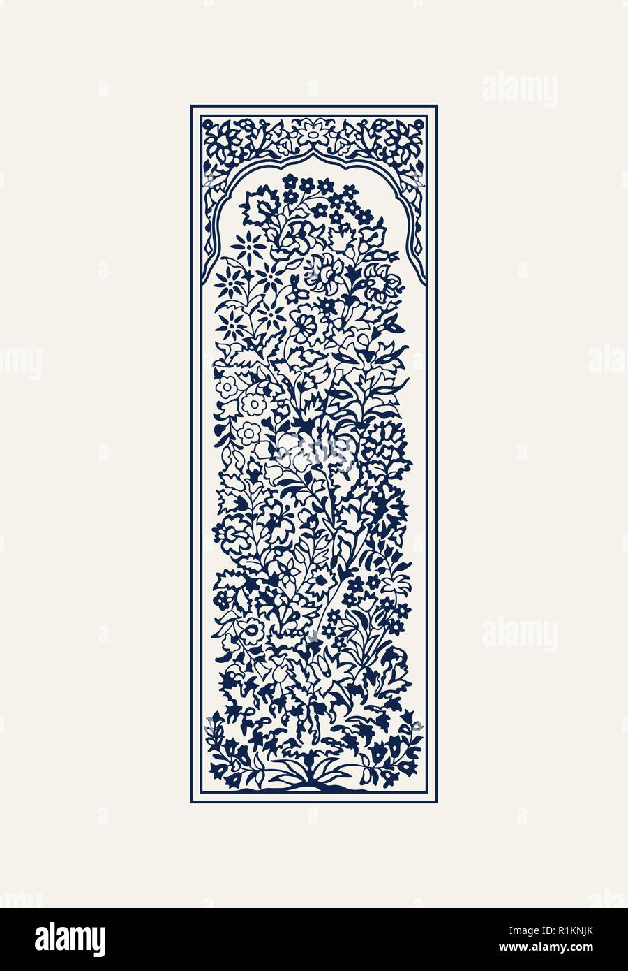Indigo dye wood block printed floral arrangement in frame. Traditional ethnic motif of North India,navy blue on ecrue background. For your design. Stock Vector