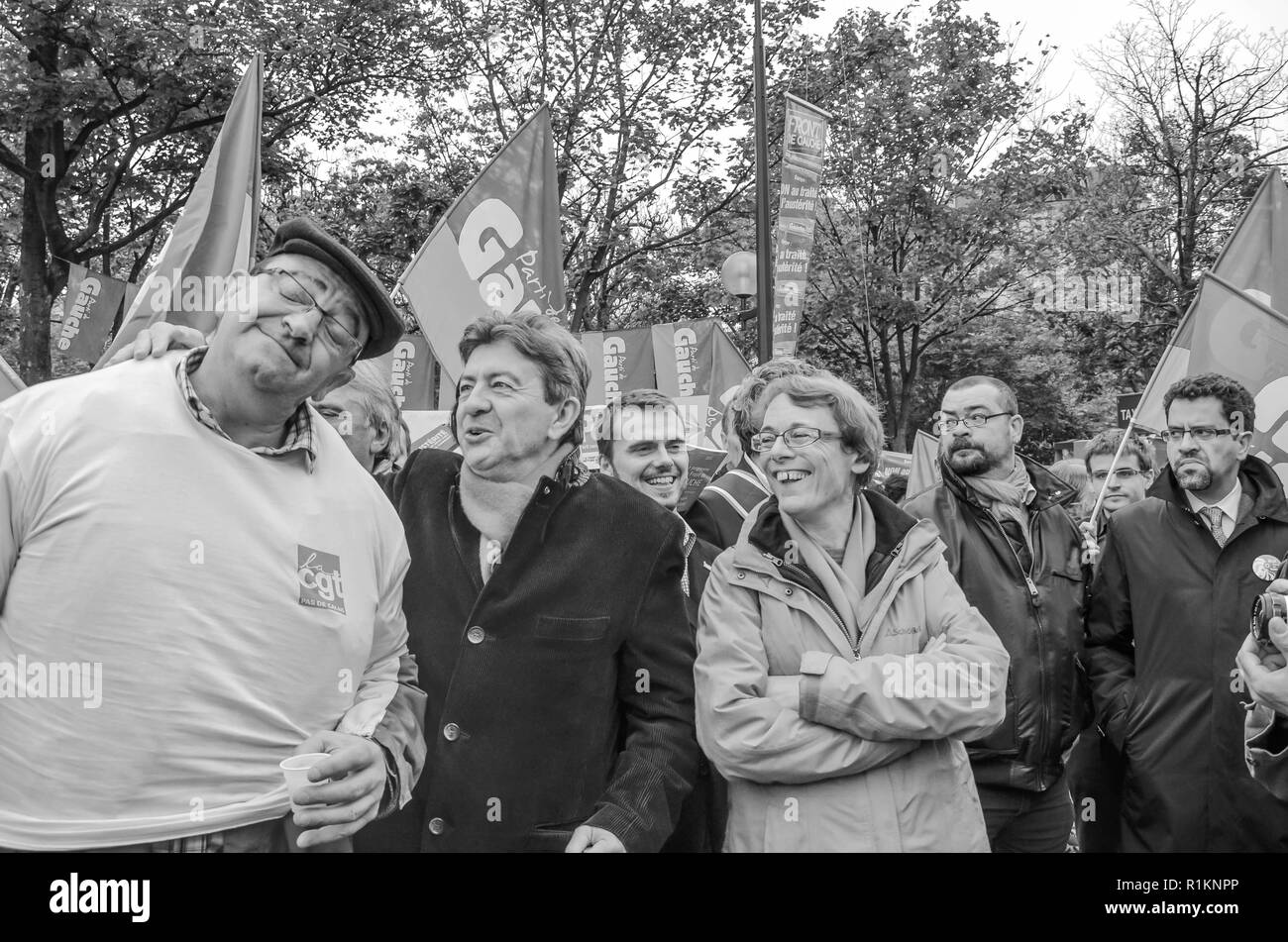 photojournalism stage during a demonstration jean-luc Mélenchon and a militant of the cgt (atmosphere, in the joy and the good humor) Stock Photo