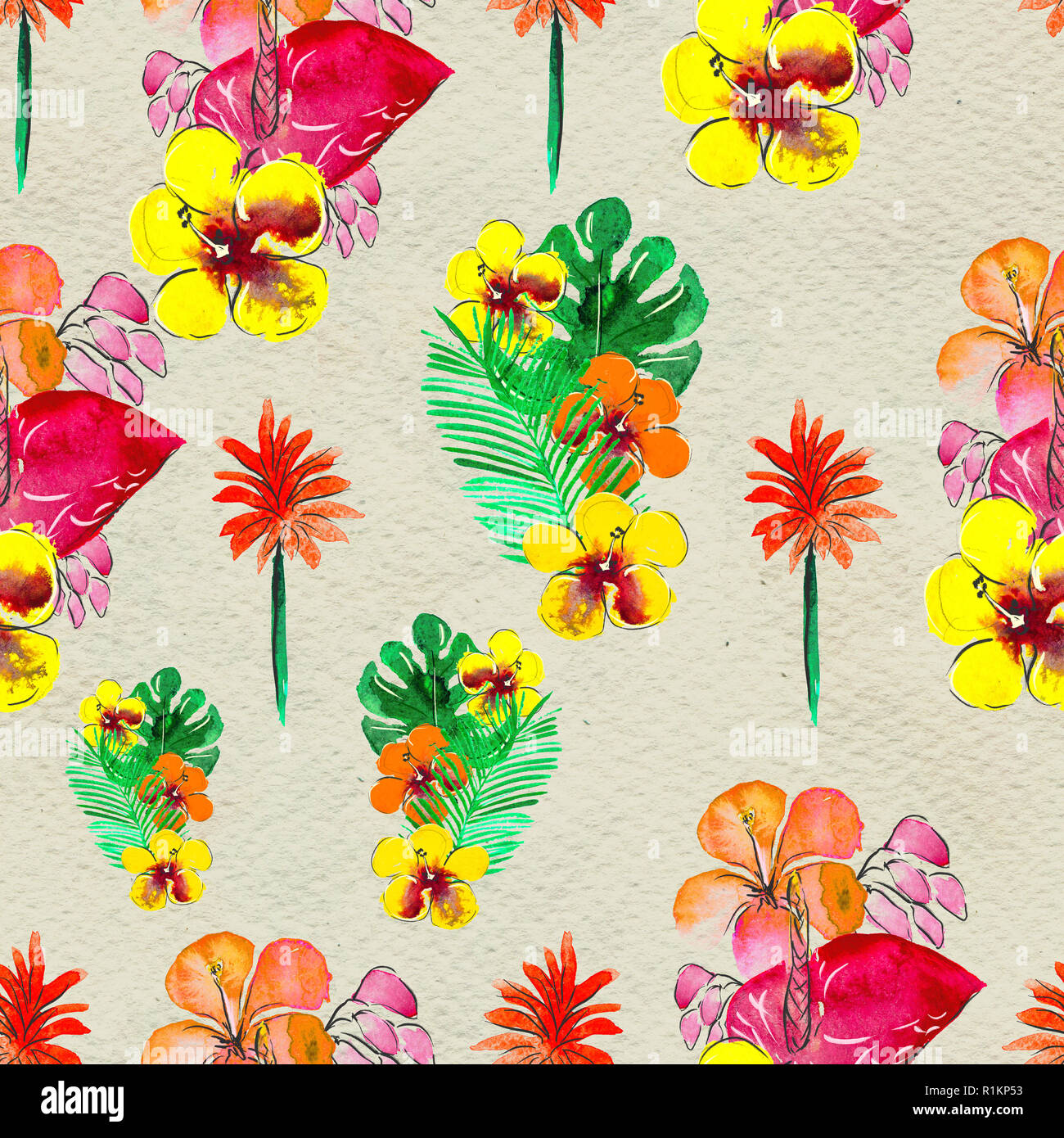 Seamless pattern With Tropical Flowers. Watercolor Background Stock ...